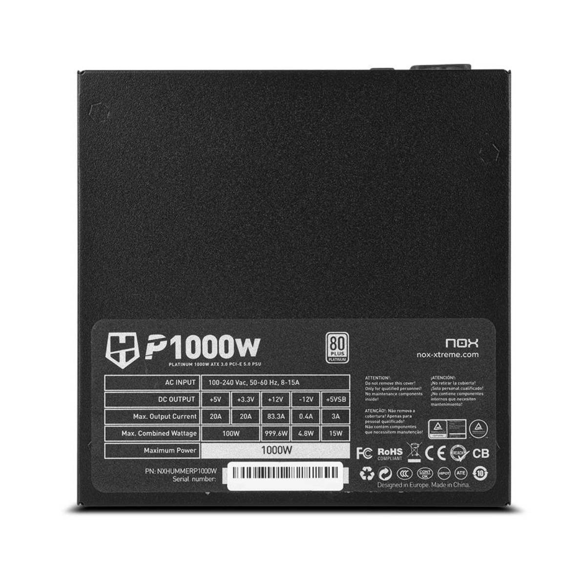 Czarny zasilacz z etykietami wyświetlającymi specyfikacje i nazwę marki 'NOX'.