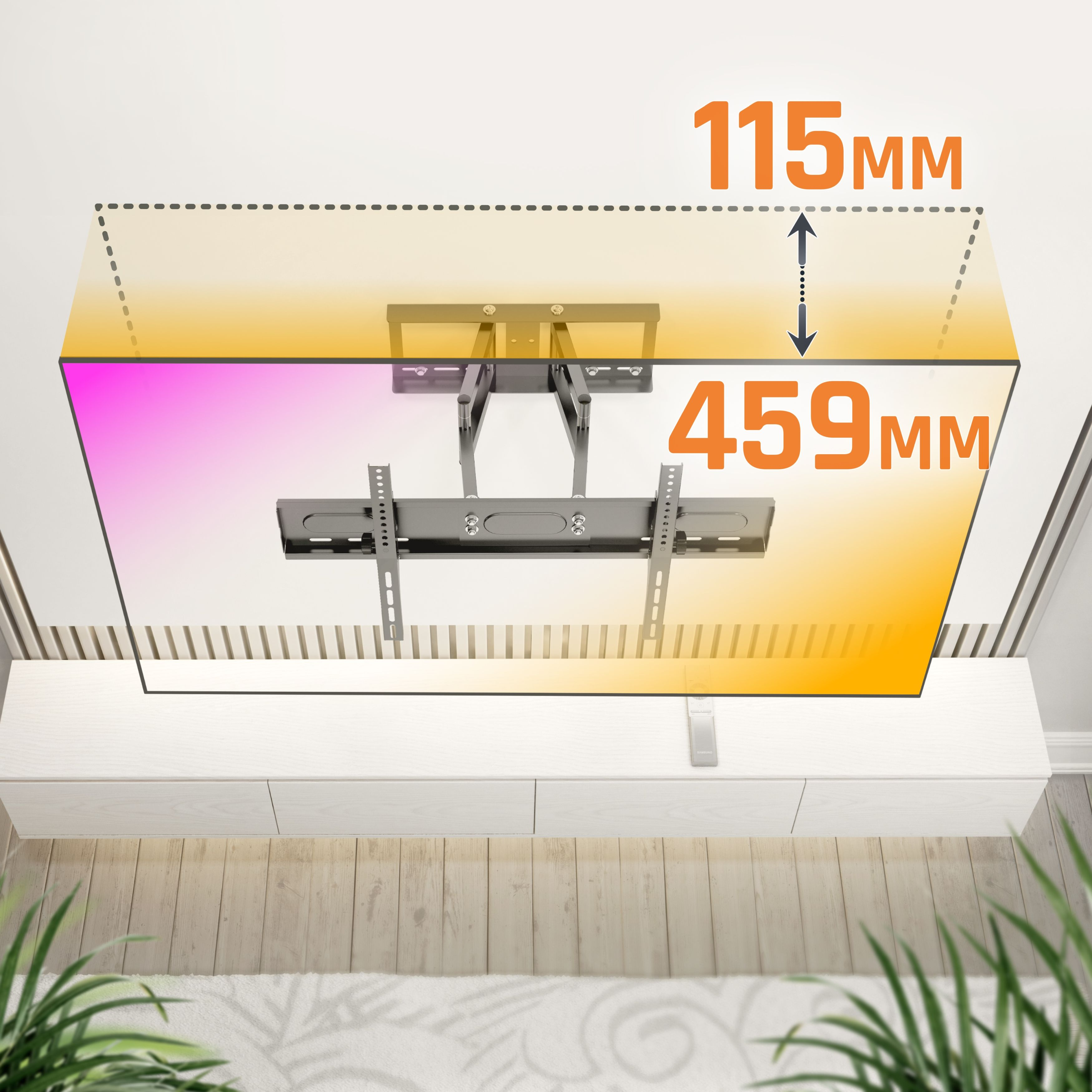 Eine TV-Halterung an der Decke. Abmessungen: 115 mm Höhe, 459 mm Breite. Darunter ein weißer Schrank und Pflanzen.