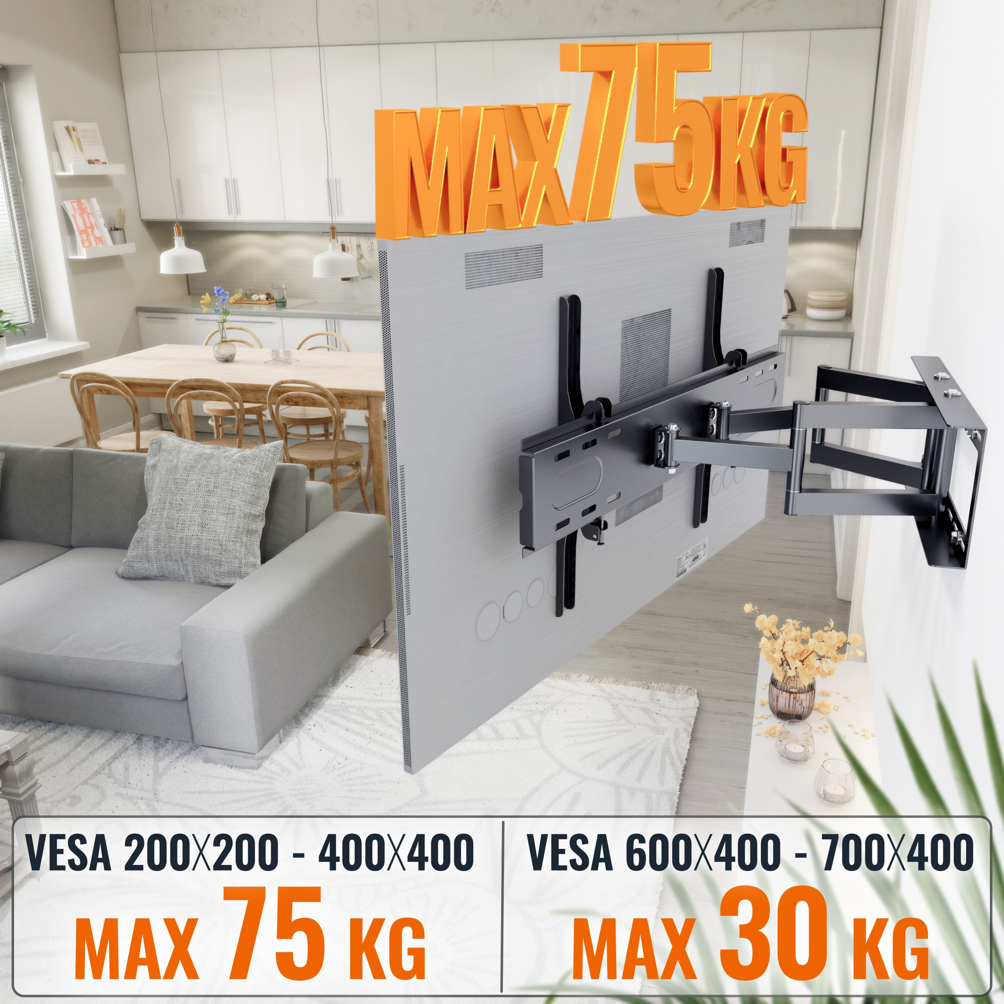 Ein Fernseher ist mit einer Halterung an der Wand befestigt, im Hintergrund ein Wohnzimmer. Max. Gewicht 75 kg.