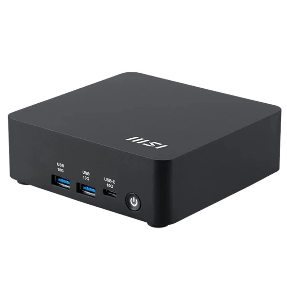 Un mini PC MSI nero. Ha porte USB e USB-C e un pulsante di accensione. Il logo MSI è sulla parte superiore.