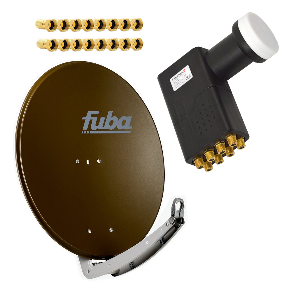 Eine Satellitenschüssel, ein LNB und Anschlüsse auf weißem Hintergrund. Die Schüssel ist braun, der LNB ist schwarz, die Anschlüsse sind golden.