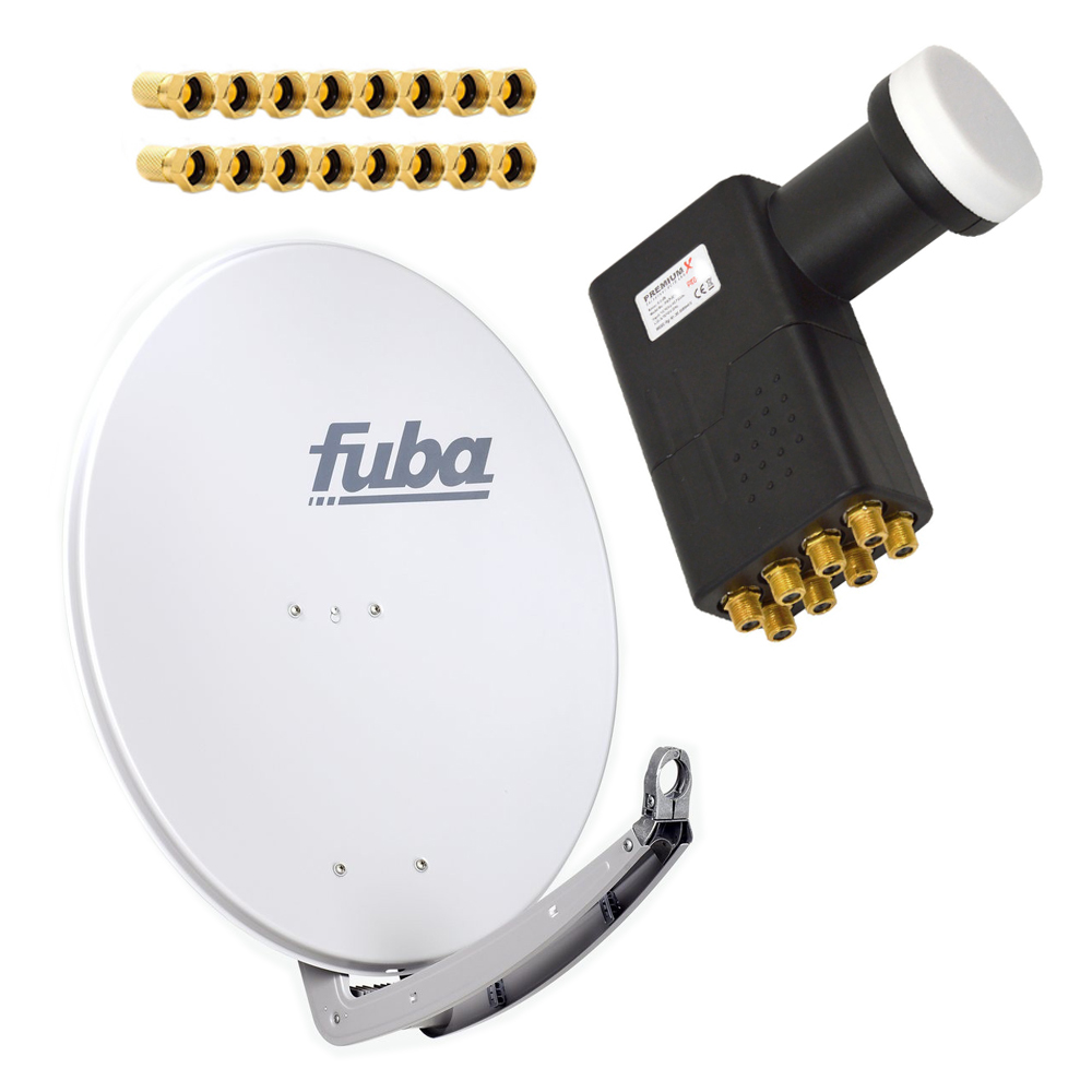 Eine weiße Satellitenschüssel mit Halterung, ein schwarzes LNB mit goldenen Anschlüssen und goldene F-Stecker auf weißem Hintergrund.