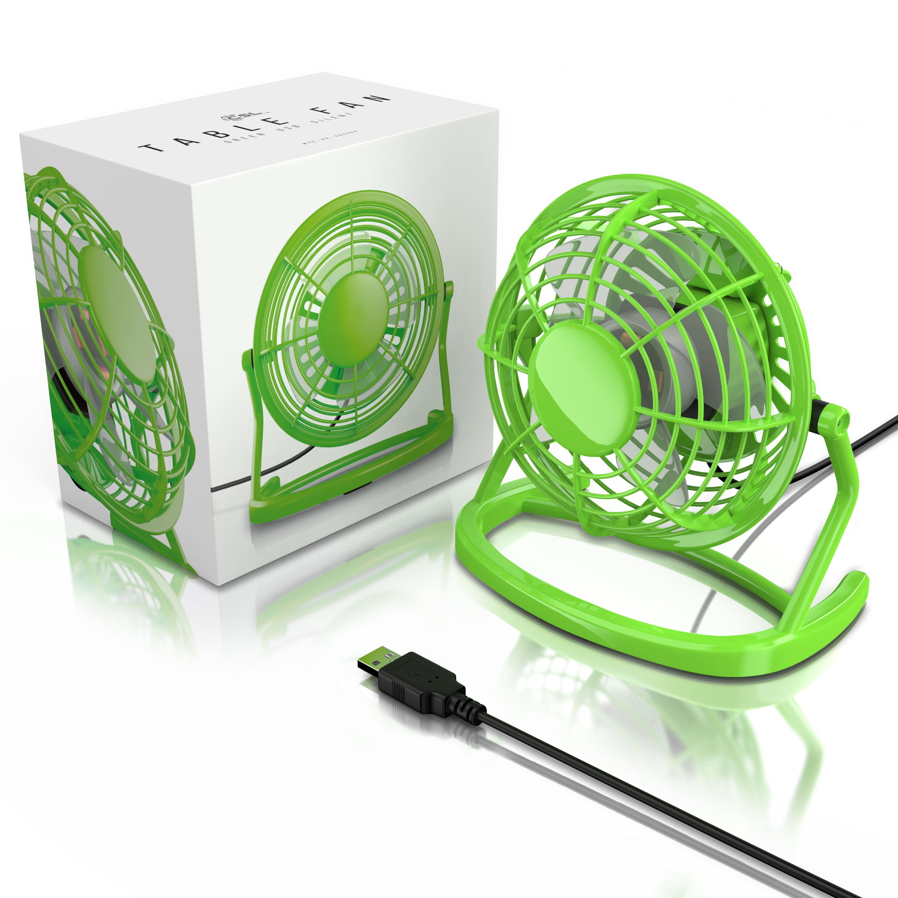 Ein grüner Tischventilator mit einer weißen Box. Der Ventilator hat ein USB-Kabel. Der Hintergrund ist weiß.