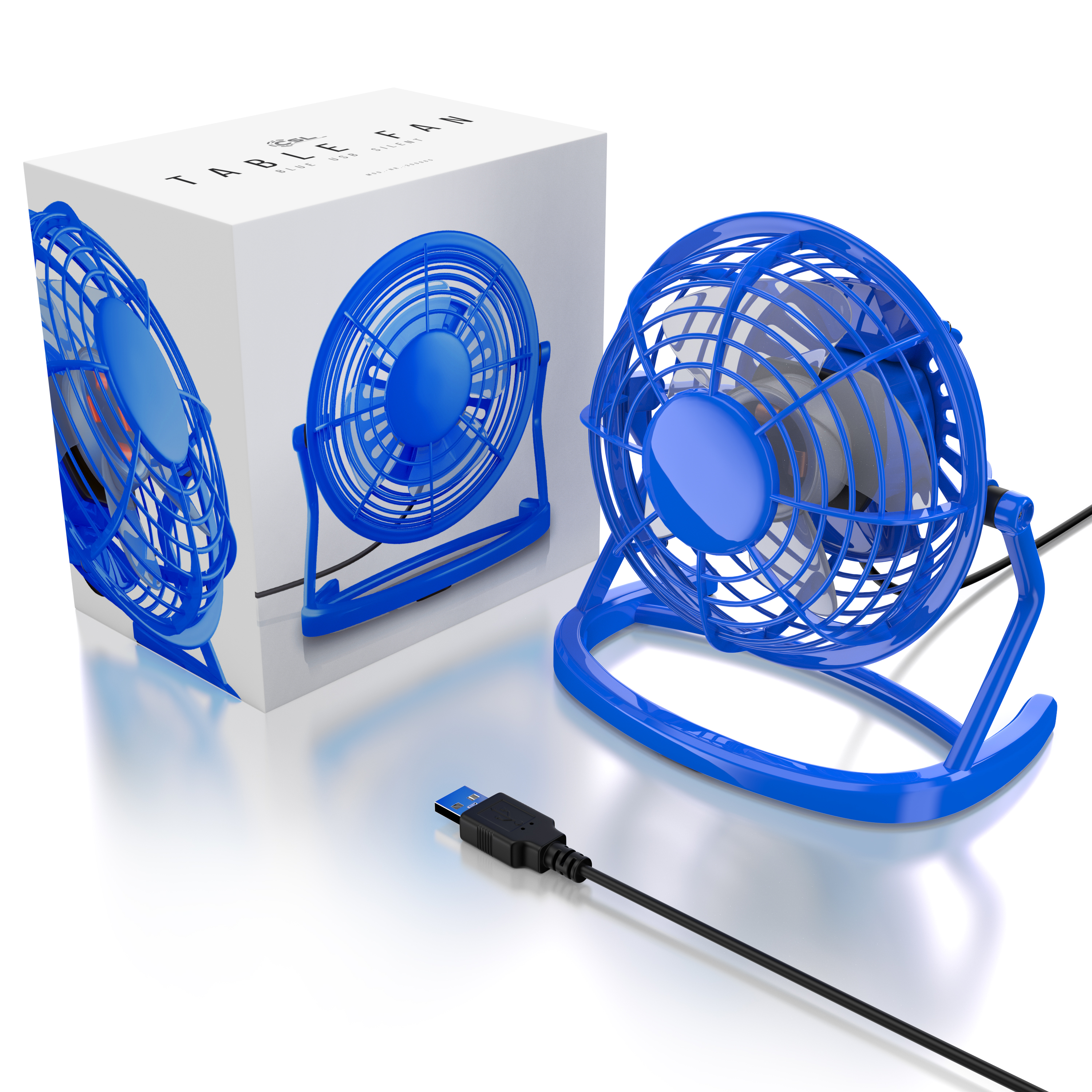 Ein blauer Tischventilator mit USB-Kabel neben seiner weißen Box. Der Ventilator steht auf einer weißen Oberfläche.