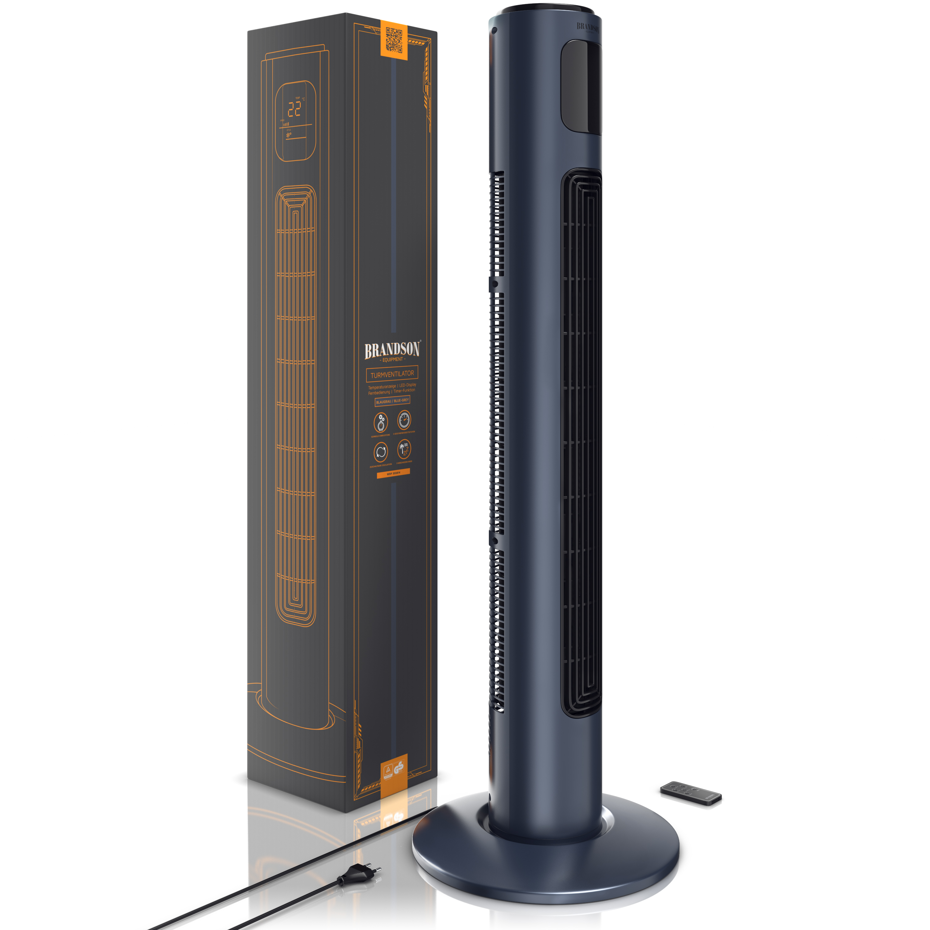 Ein dunkelblauer Turmventilator mit seiner Box und Fernbedienung auf weißer Oberfläche.