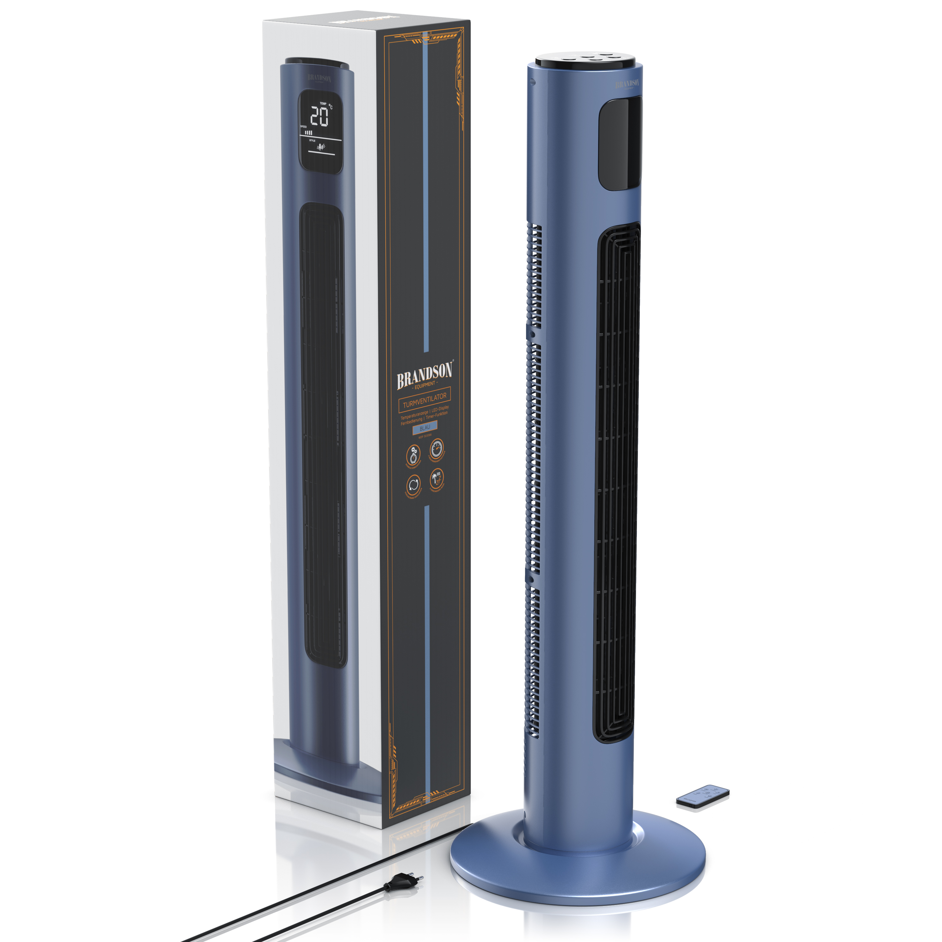 Ein blauer Turmventilator mit Box, Fernbedienung und Kabel auf weißer Oberfläche. Der Lüfter hat ein Digitaldisplay. Die Box sagt BRANDSON.
