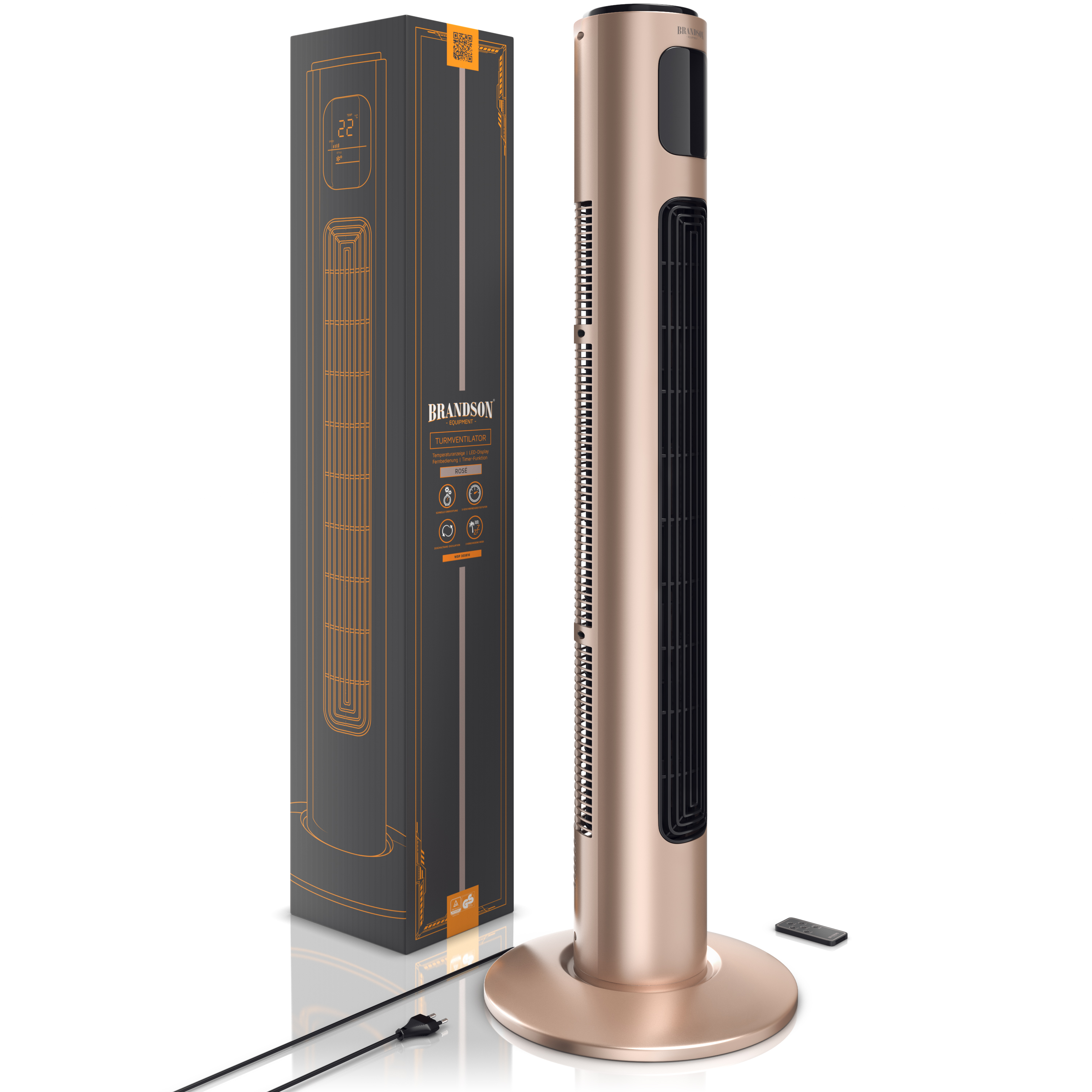 Ein roségoldener Turmventilator mit Box, Fernbedienung und Netzkabel auf weißem Hintergrund.