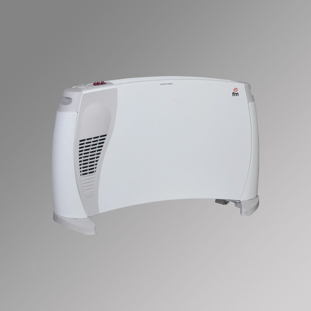 Calentador eléctrico blanco con diseño curvo. Tiene una ventilación lateral y botones de control arriba. El fondo es gris.