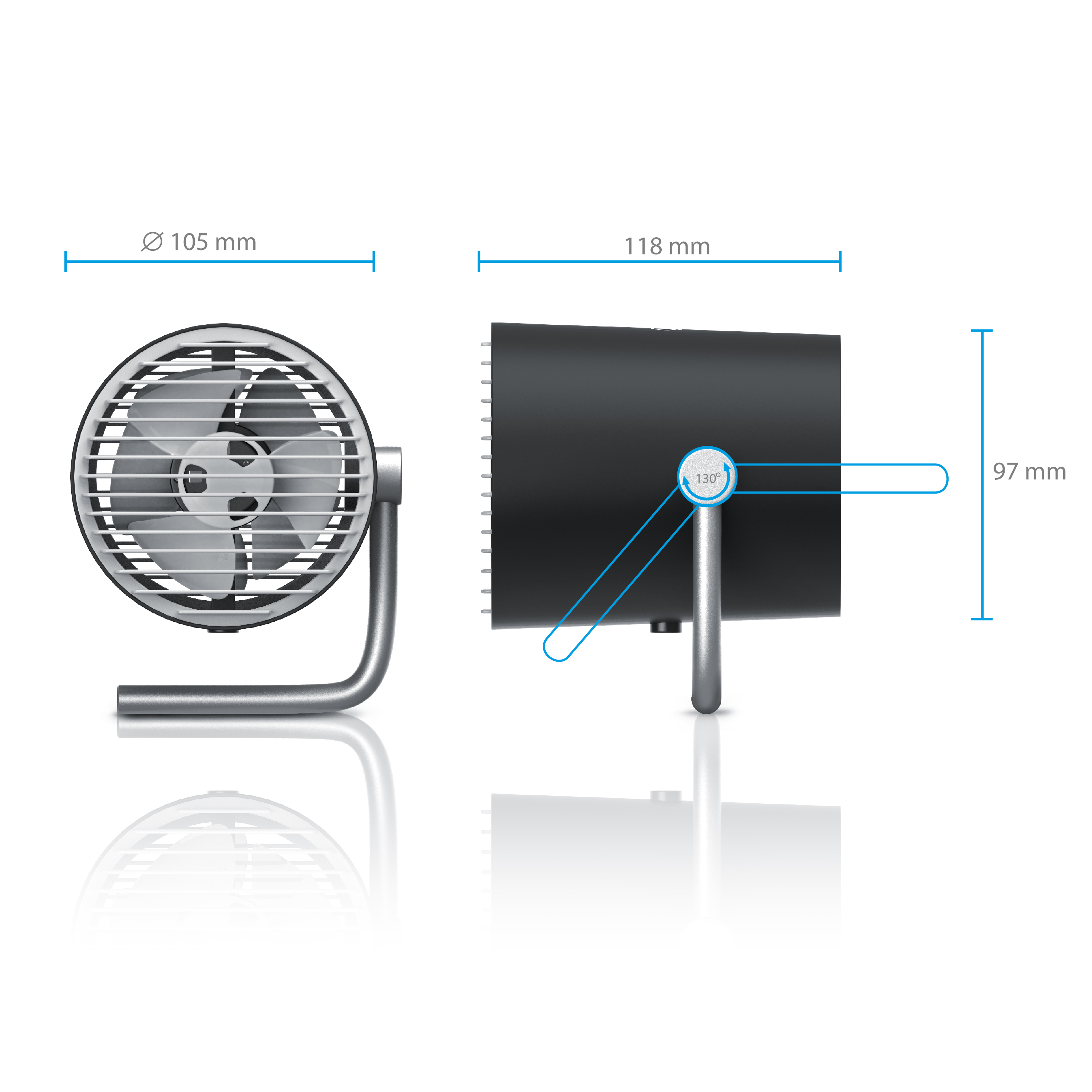 Ein schwarzer Ventilator mit Maßangaben in mm, Seitenansicht, weißer Hintergrund. Fächerdetails und Maße werden gezeigt.
