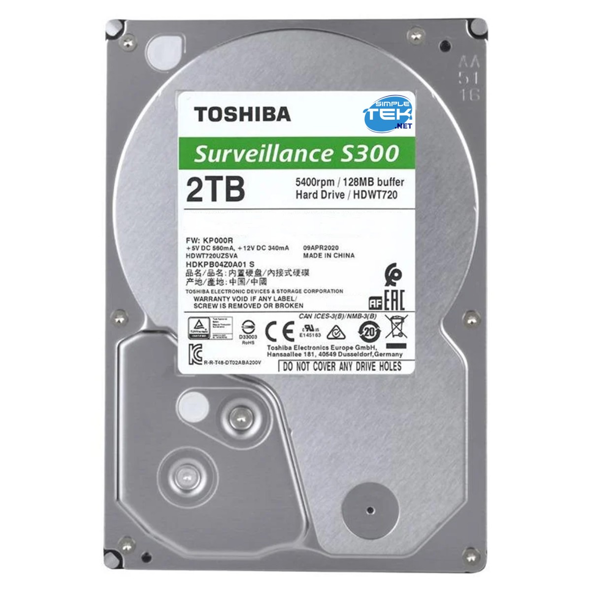Dysk twardy Toshiba Surveillance S300 2TB. Ma szczegóły techniczne i certyfikaty wydrukowane na etykiecie.