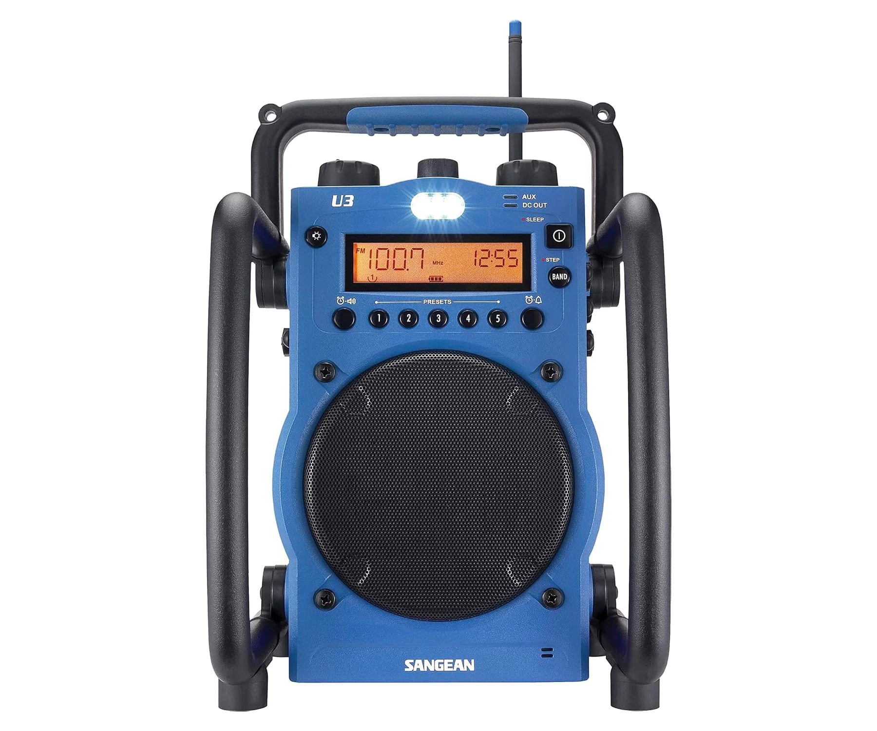 Una radio blu e nera con display digitale che mostra 100.7 e 12:55. Ha una maniglia e un altoparlante.