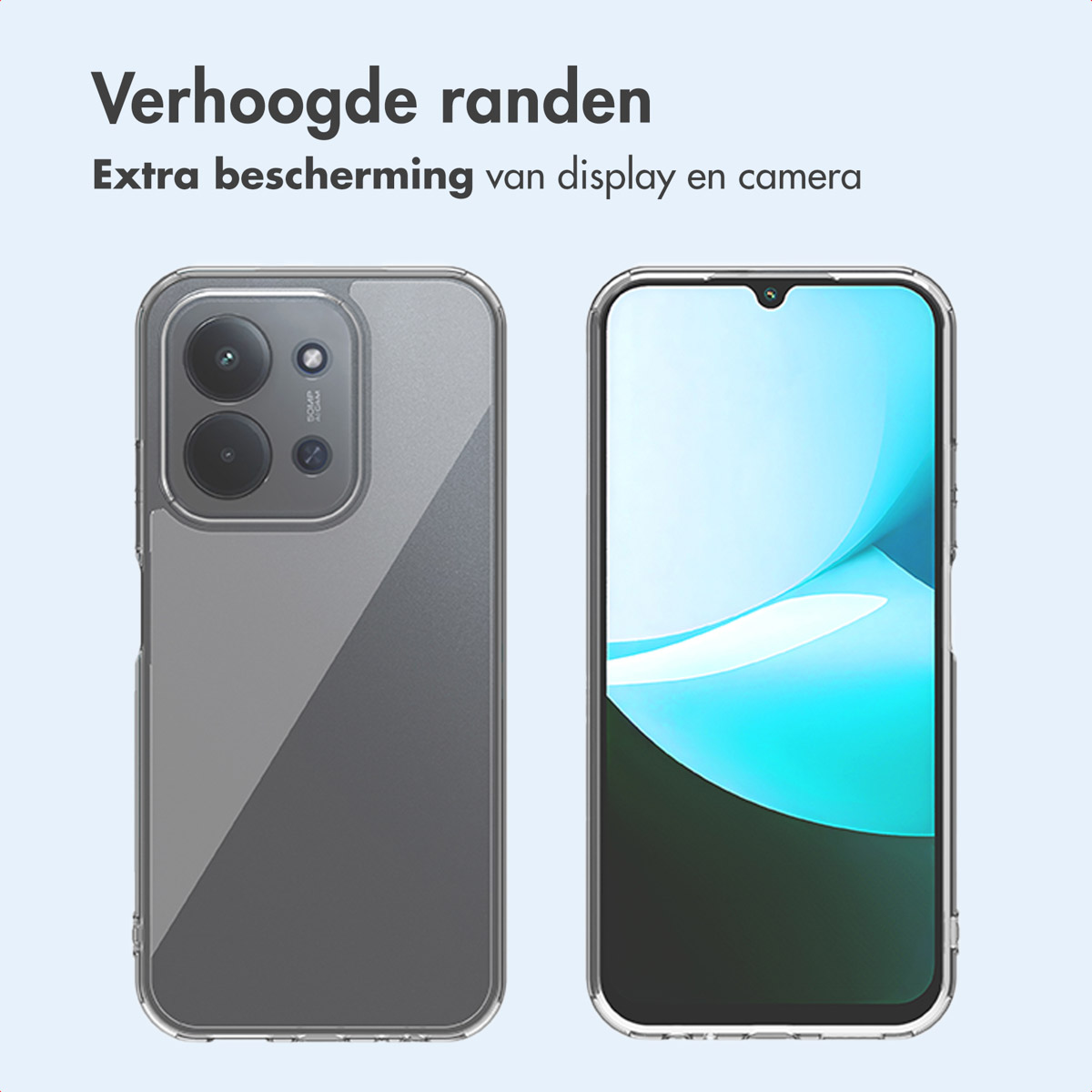 Twee smartphones met beschermhoezen. Eén toont de camera, de andere het scherm. Tekst: Verhoogde randen, extra bescherming.