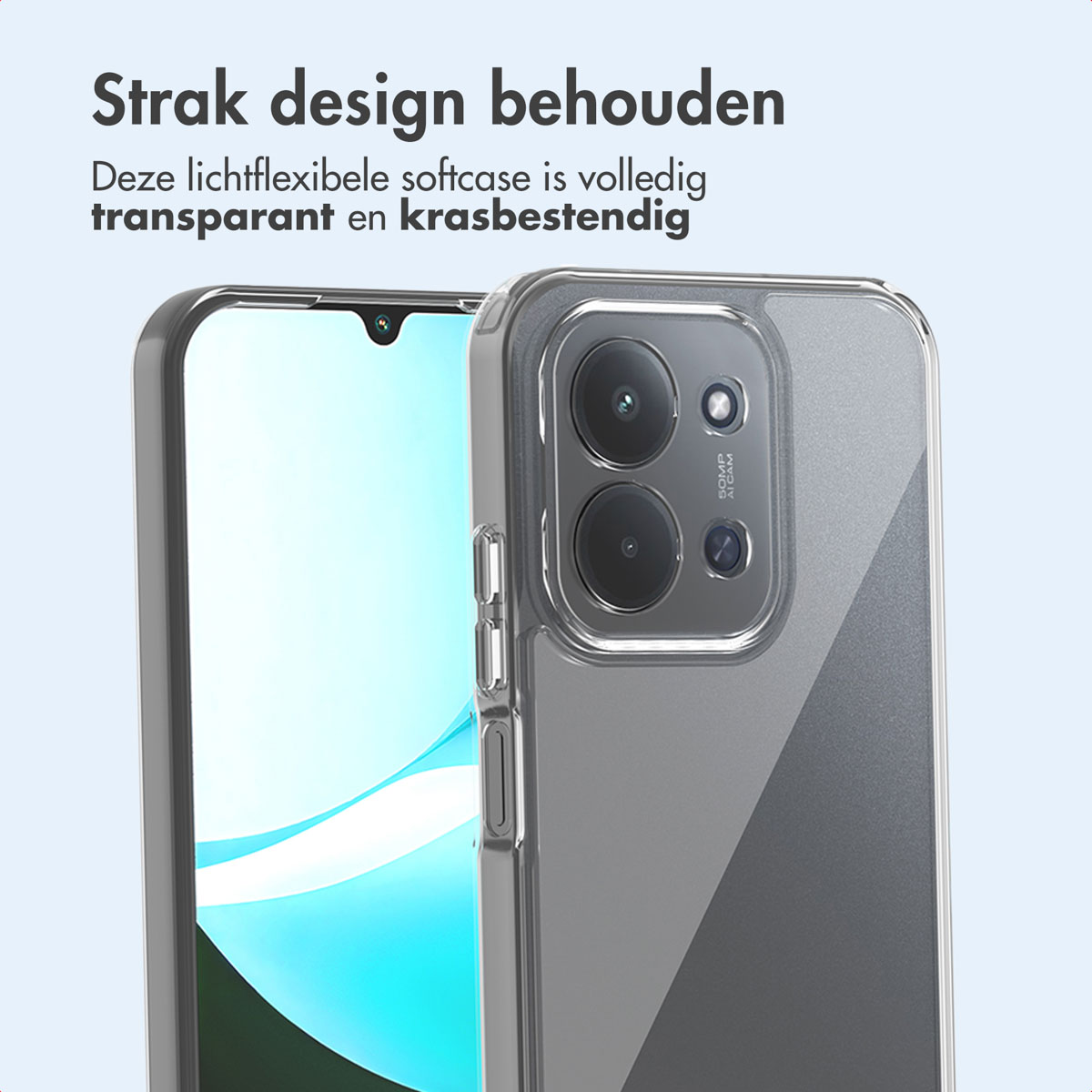 Een transparante telefoonhoes beschermt een smartphone. De hoes is transparant en toont de achterkant en camera.