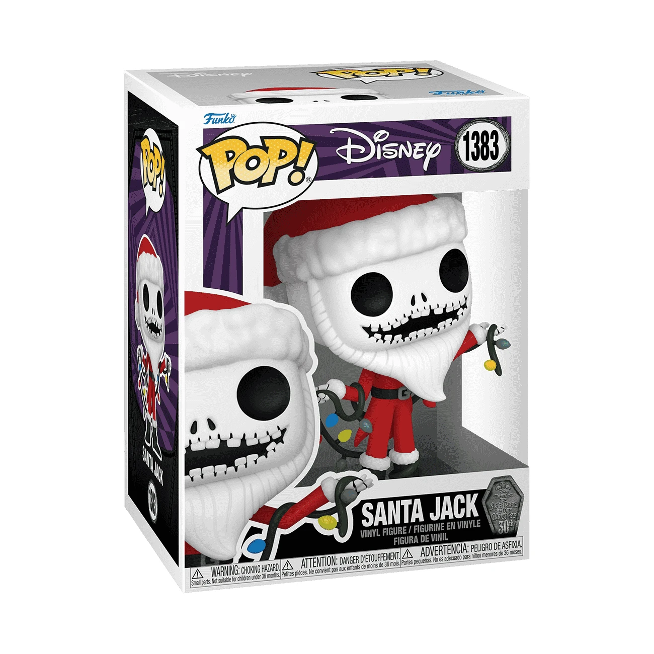 Una figura di Santa Jack Funko Pop in una scatola. Jack Skellington indossa un abito rosso da Babbo Natale, con luci natalizie.
