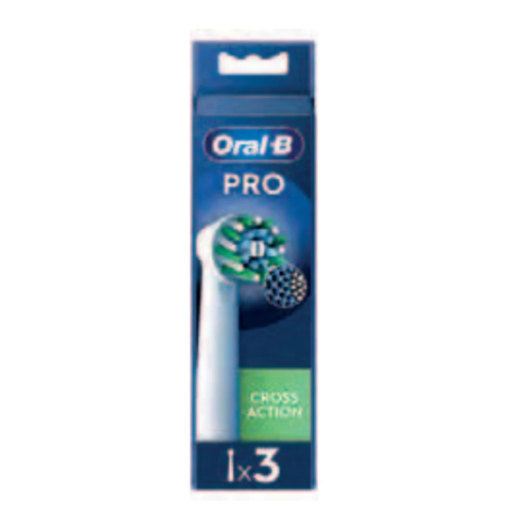 Una confezione di testine per spazzolino Oral-B Pro Cross Action. La confezione è blu con una testina visibile.