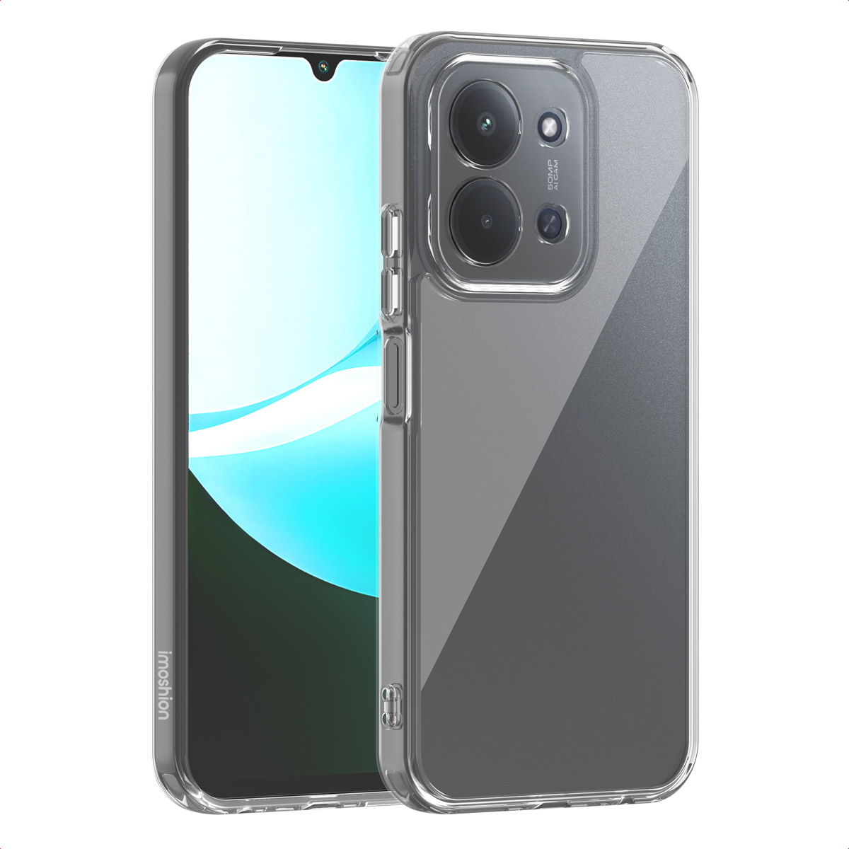 Transparante telefoonhoes. Het scherm toont een lichtblauwe kleur. De hoes heeft uitsparingen voor de camera en knoppen.