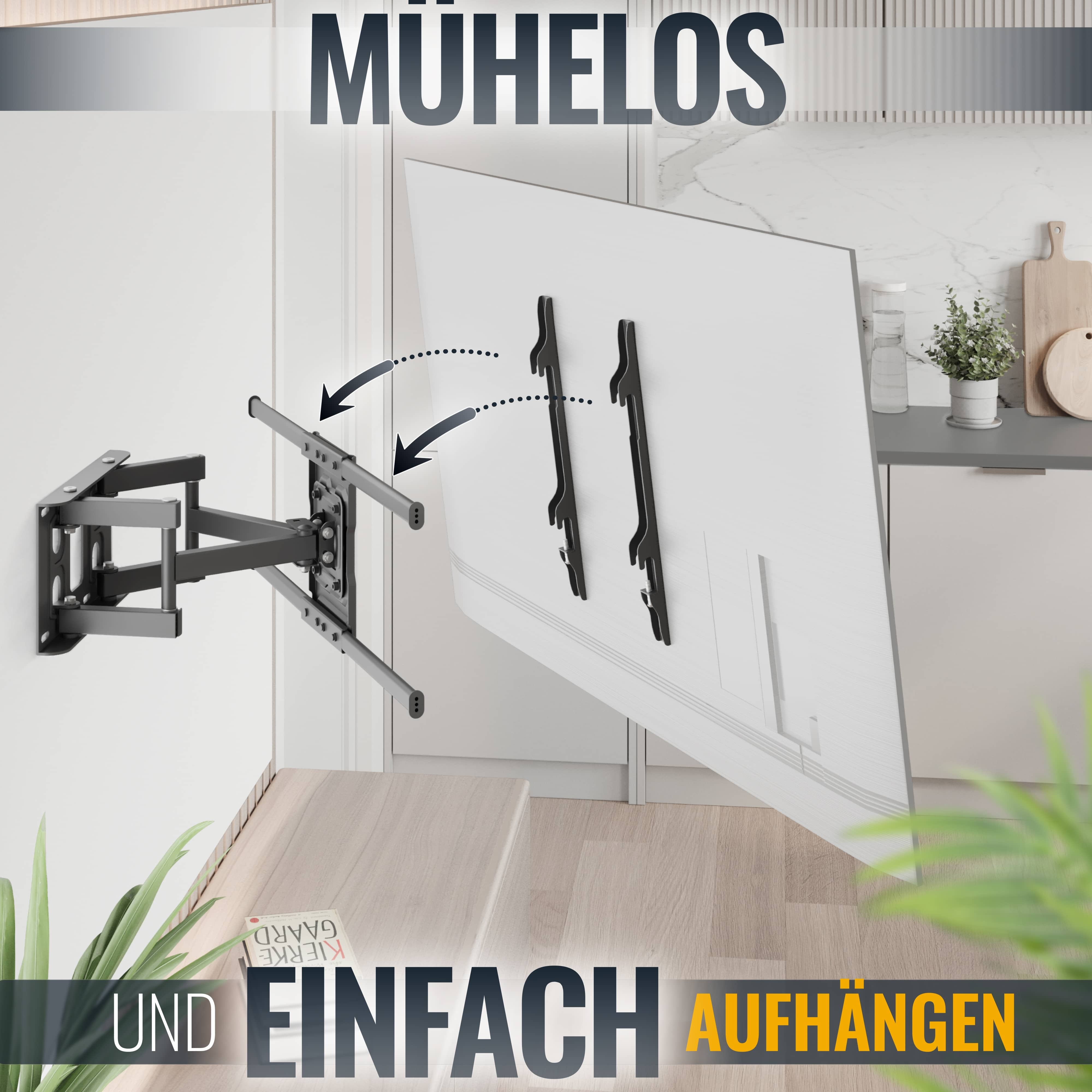 Das Bild zeigt eine TV-Halterung, einen Fernseher und Text. Die Halterung ist schwarz, Pfeile zeigen die Montage. Küchenhintergrund.
