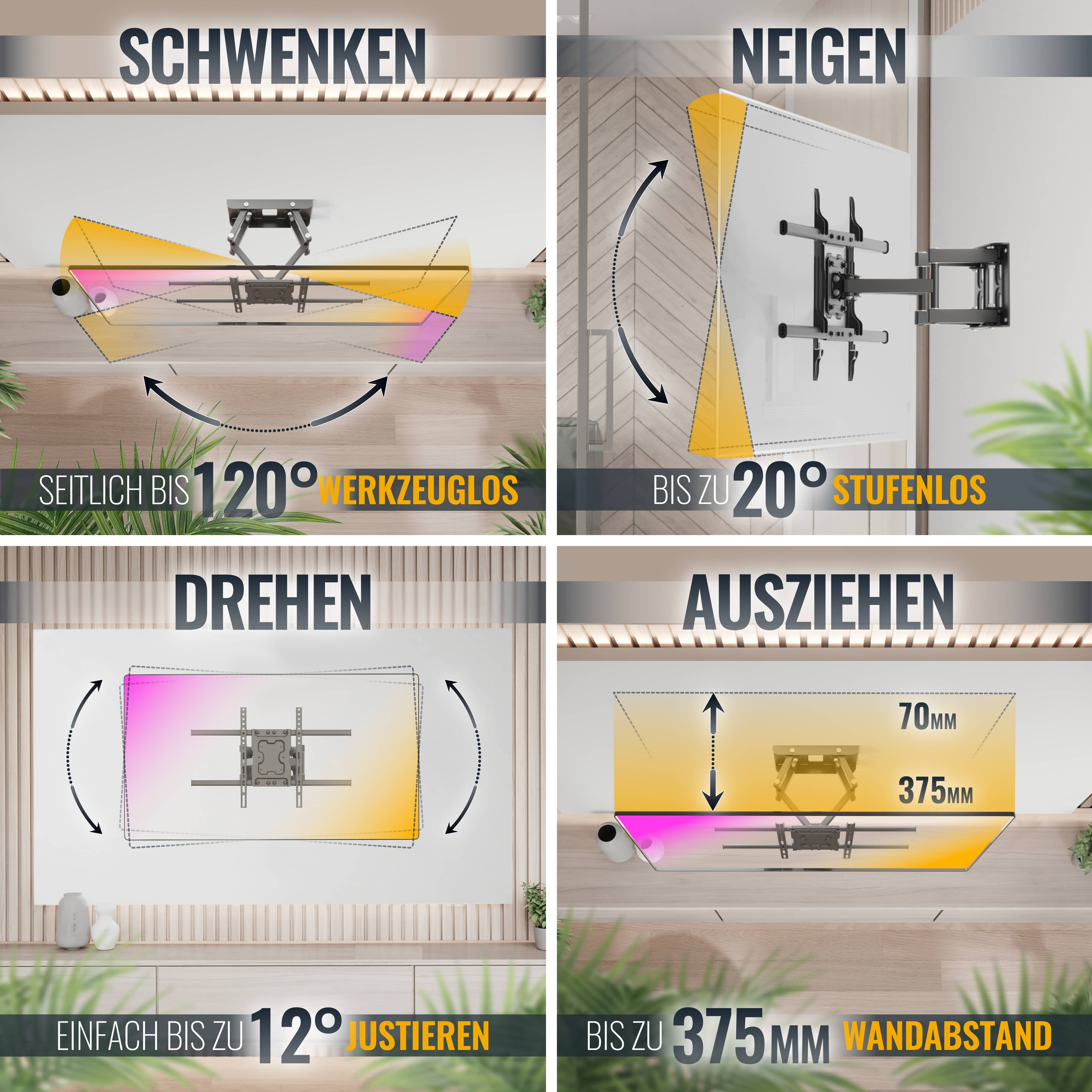 Das Bild zeigt TV-Halterungsfunktionen: Schwenken bis zu 120°, Neigen bis zu 20°, Drehen und Ausziehen bis zu 375 mm.