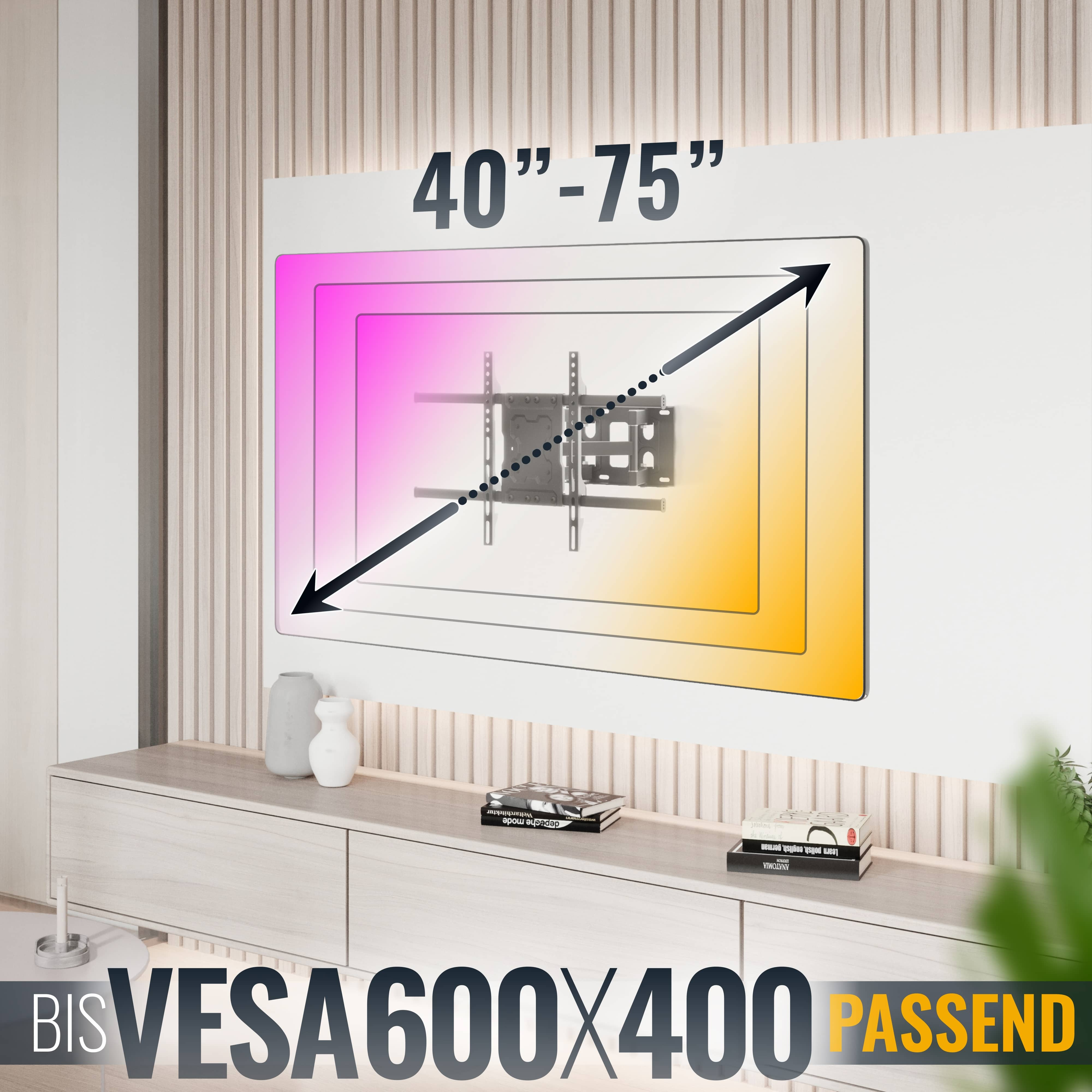 Ein Fernseher an einer Wand mit Halterung. Text: 40"-75", VESA600x400 PASSEND.