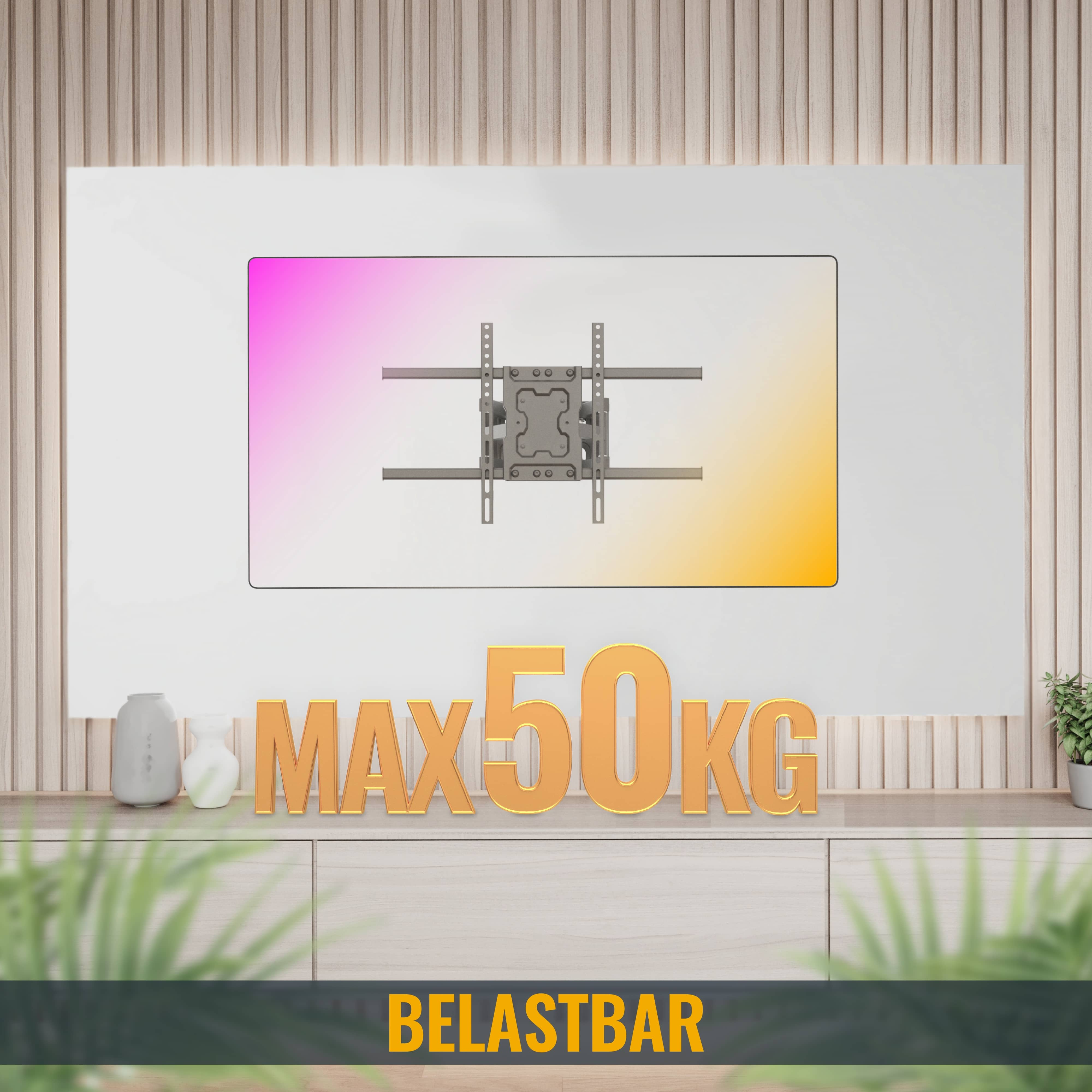 Eine TV-Wandhalterung. Das Bild zeigt eine TV-Halterung mit dem Text 'MAX 50KG' und dem Wort 'BELASTBAR'.