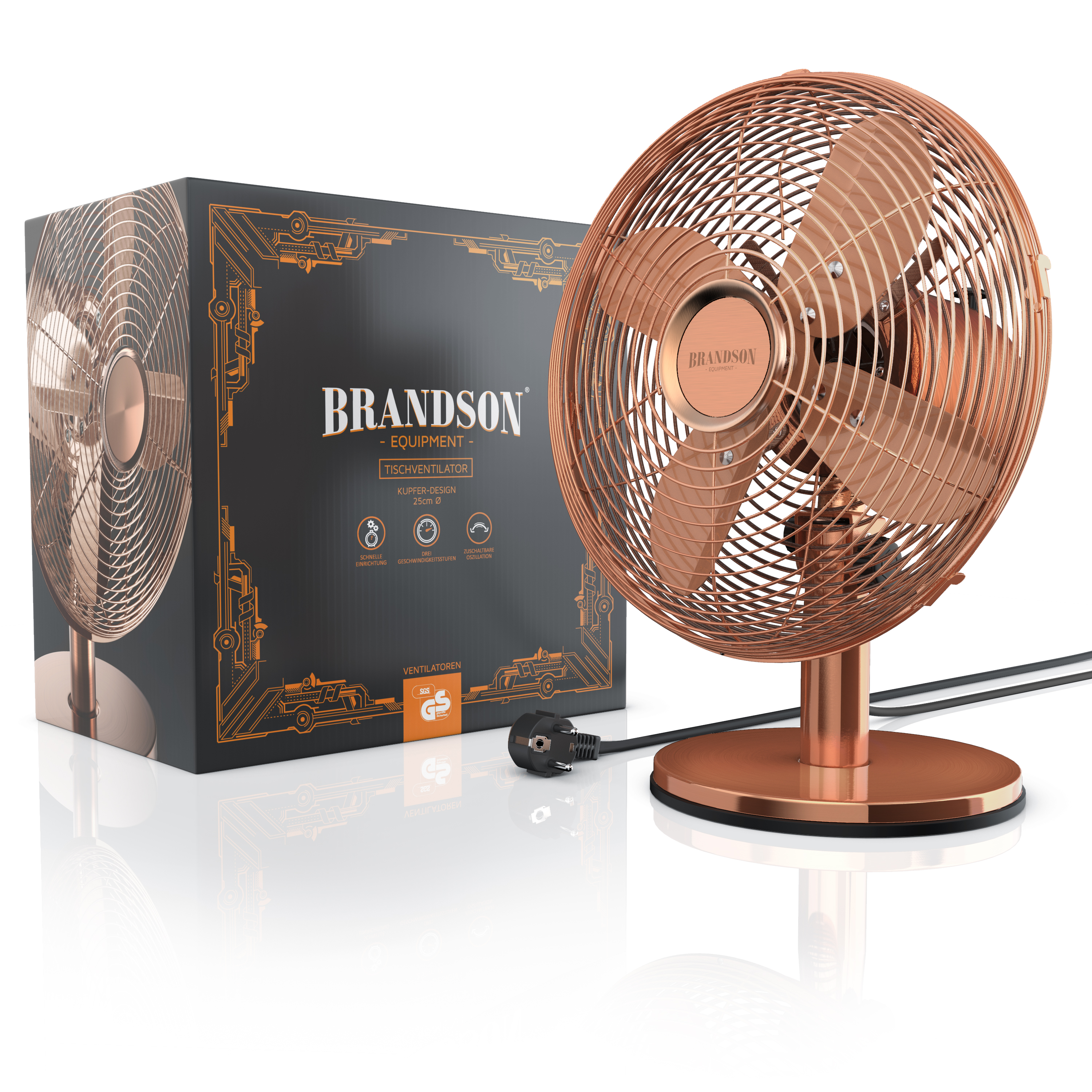 Ein kupferfarbener Schreibtischventilator mit Käfig und Flügeln steht neben einer Box mit dem Markennamen.