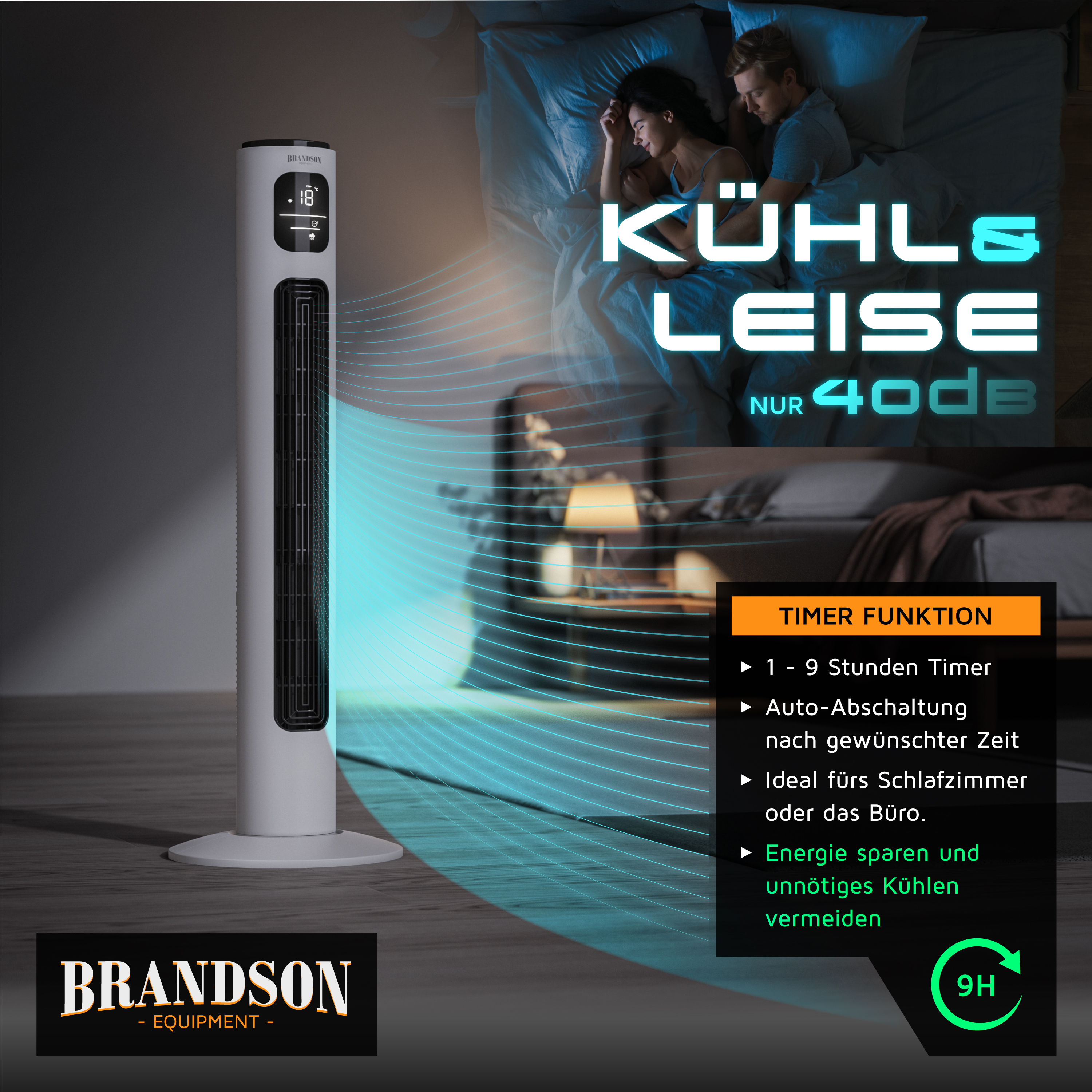 Ein weißer Turmventilator mit Digitalanzeige. Er wirbt für Kühlung und leisen Betrieb. Ein Paar schläft im Bett.