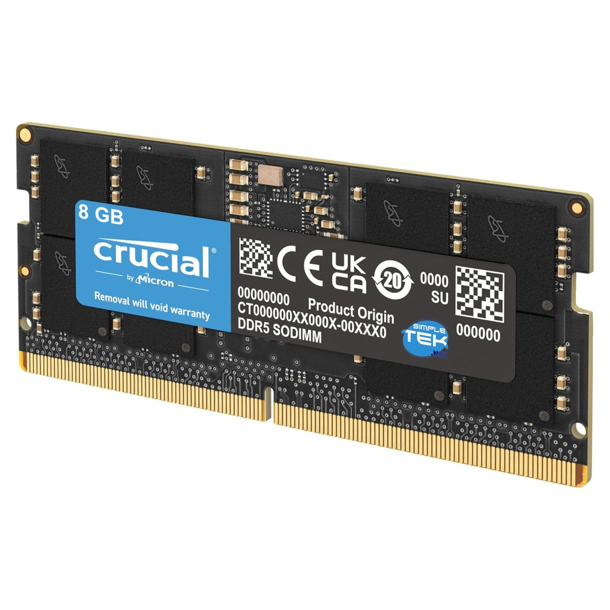 Moduł RAM SODIMM DDR5 Crucial. Ma niebieską etykietę z białym tekstem, pojemność 8 GB i różne certyfikaty.
