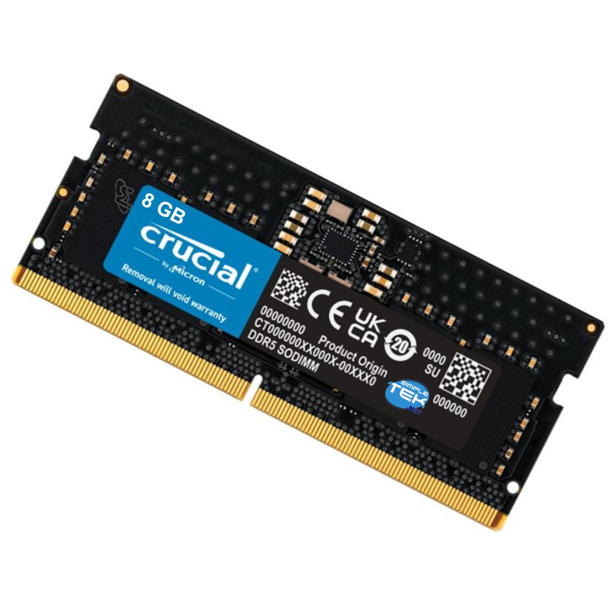 Moduł RAM DDR5 SODIMM Crucial 8 GB. Ma czarną płytkę drukowaną ze złotymi złączami. Widoczne logo Crucial.