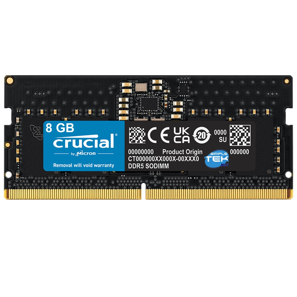 Moduł pamięci Crucial DDR5 SODIMM o pojemności 8 GB. Posiada niebieską etykietę z białym tekstem i złote złącza.