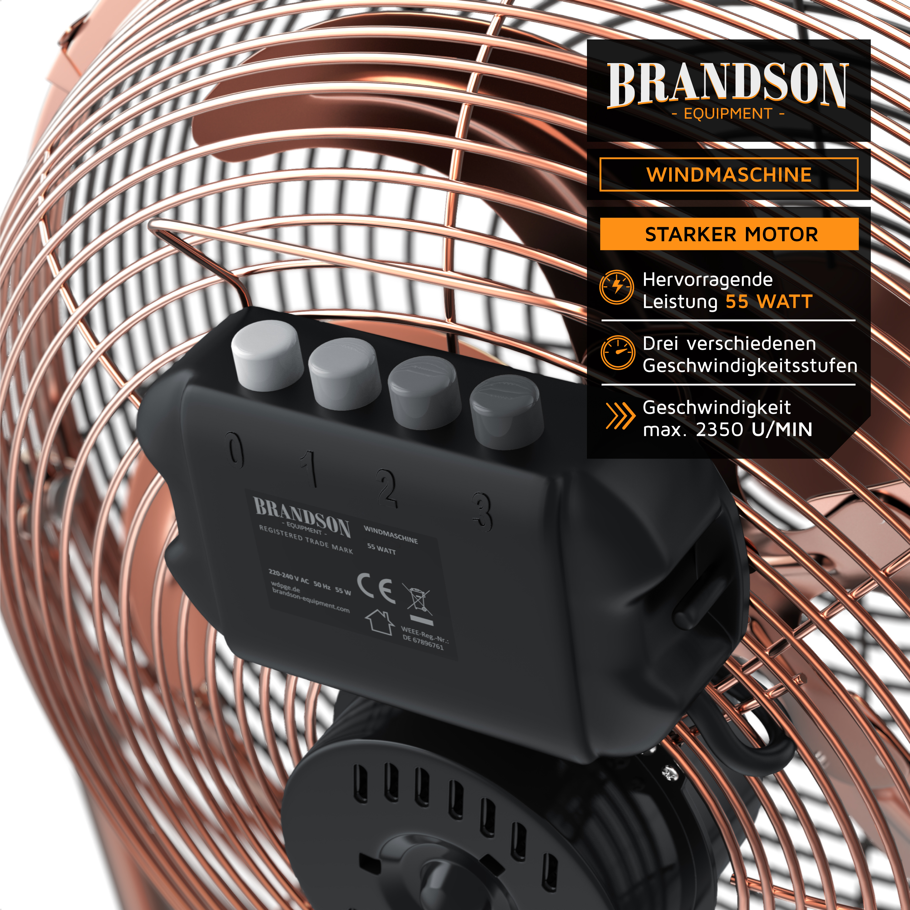 Ein roségoldener Ventilator mit schwarzem Bedienfeld. Es hat einen Käfig und Knöpfe. Der Markenname ist sichtbar.