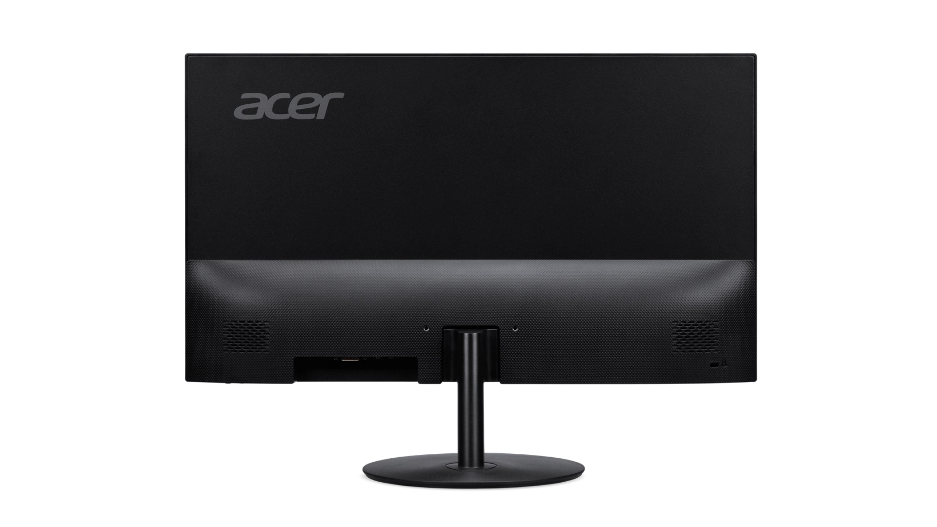 Czarny monitor Acer z tyłu. Monitor ma podstawkę i czarną ramkę. Logo Acer znajduje się w lewym górnym rogu.