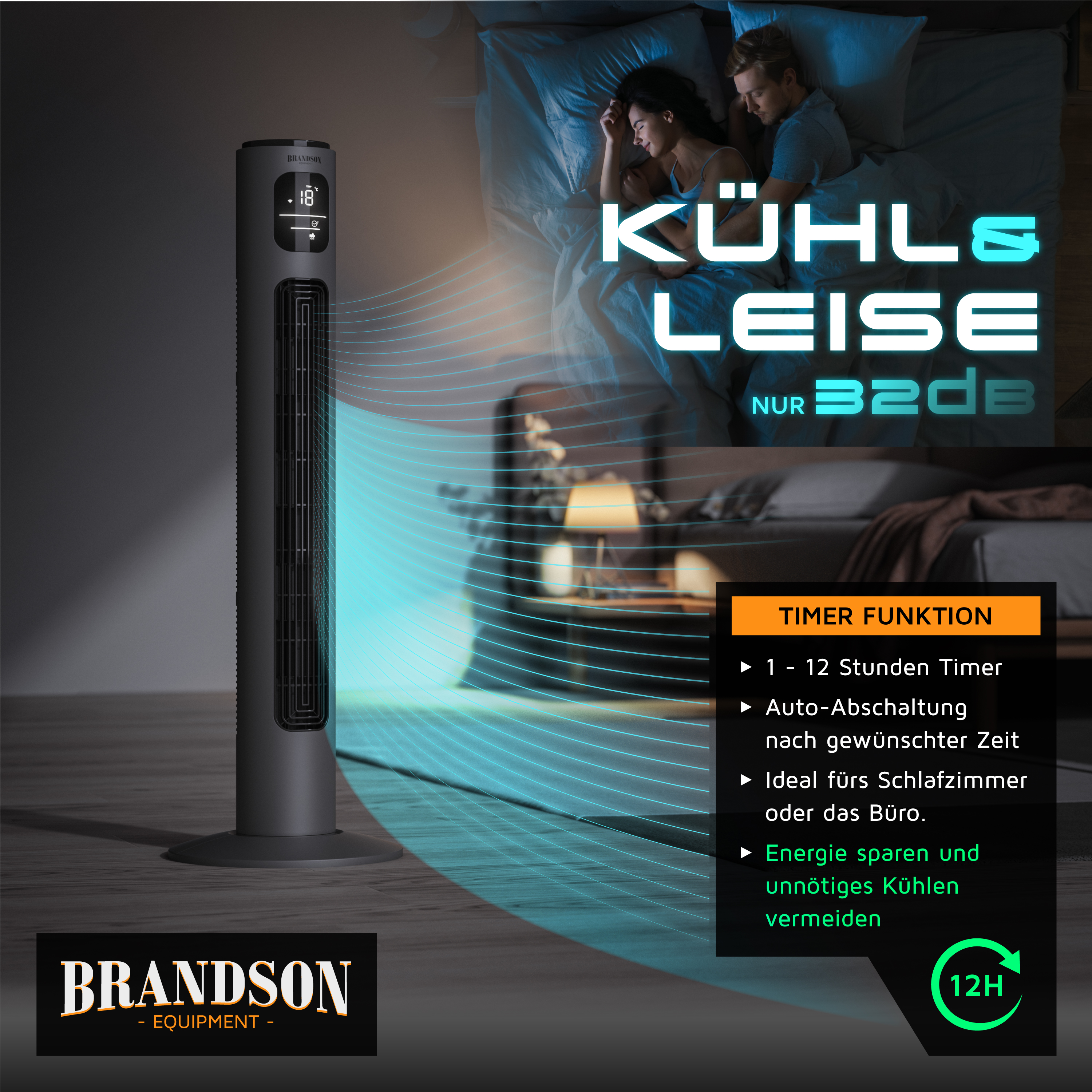 Ein schwarzer Turmventilator mit Digitalanzeige. Text: KÜHL & LEISE und BRANDSON. Ein Paar liegt im Bett.