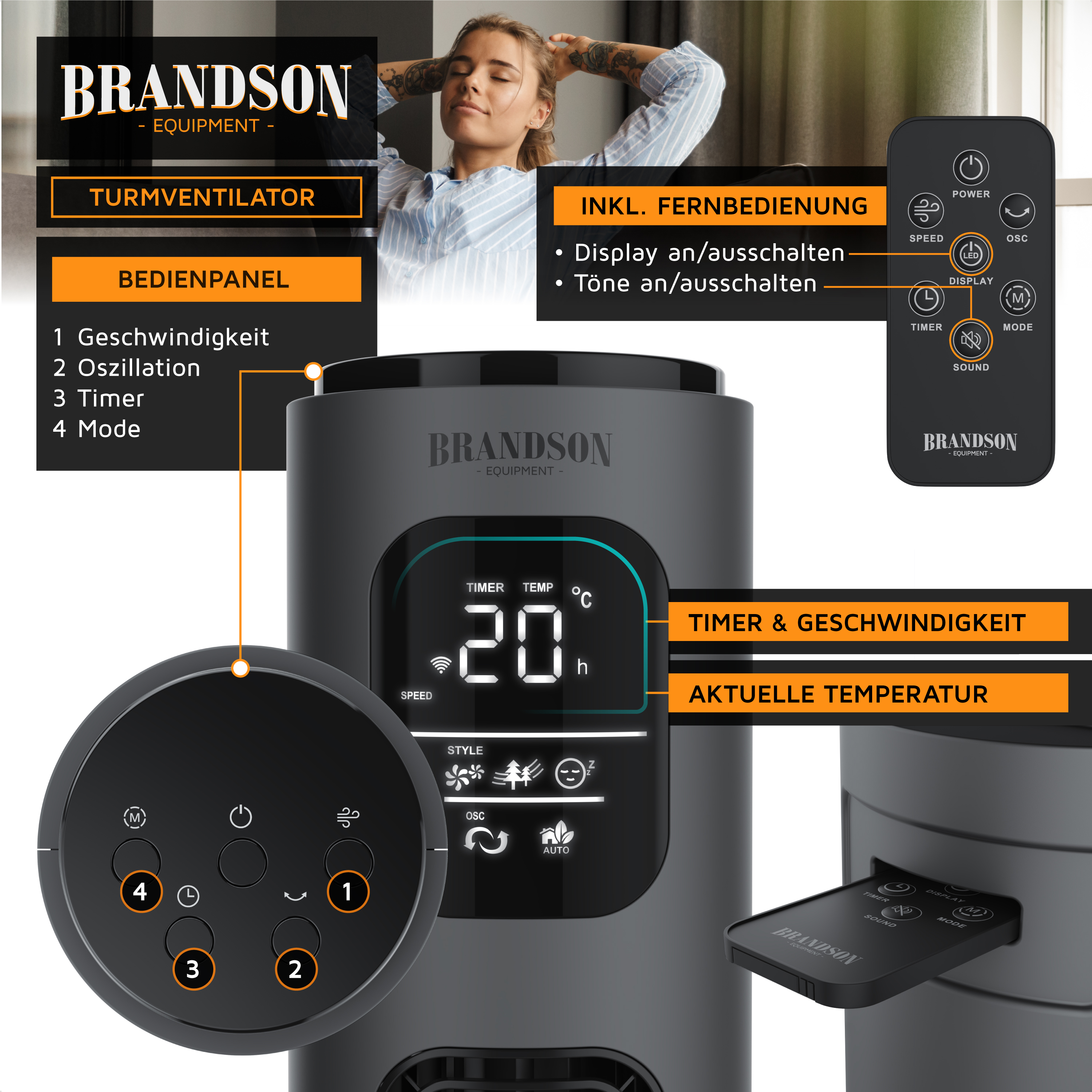 Ein dunkelgrauer Turmventilator mit Bedienelementen, einer Fernbedienung und einer Frau im Hintergrund. Funktionen umfassen Geschwindigkeit, Timer und Oszillation.