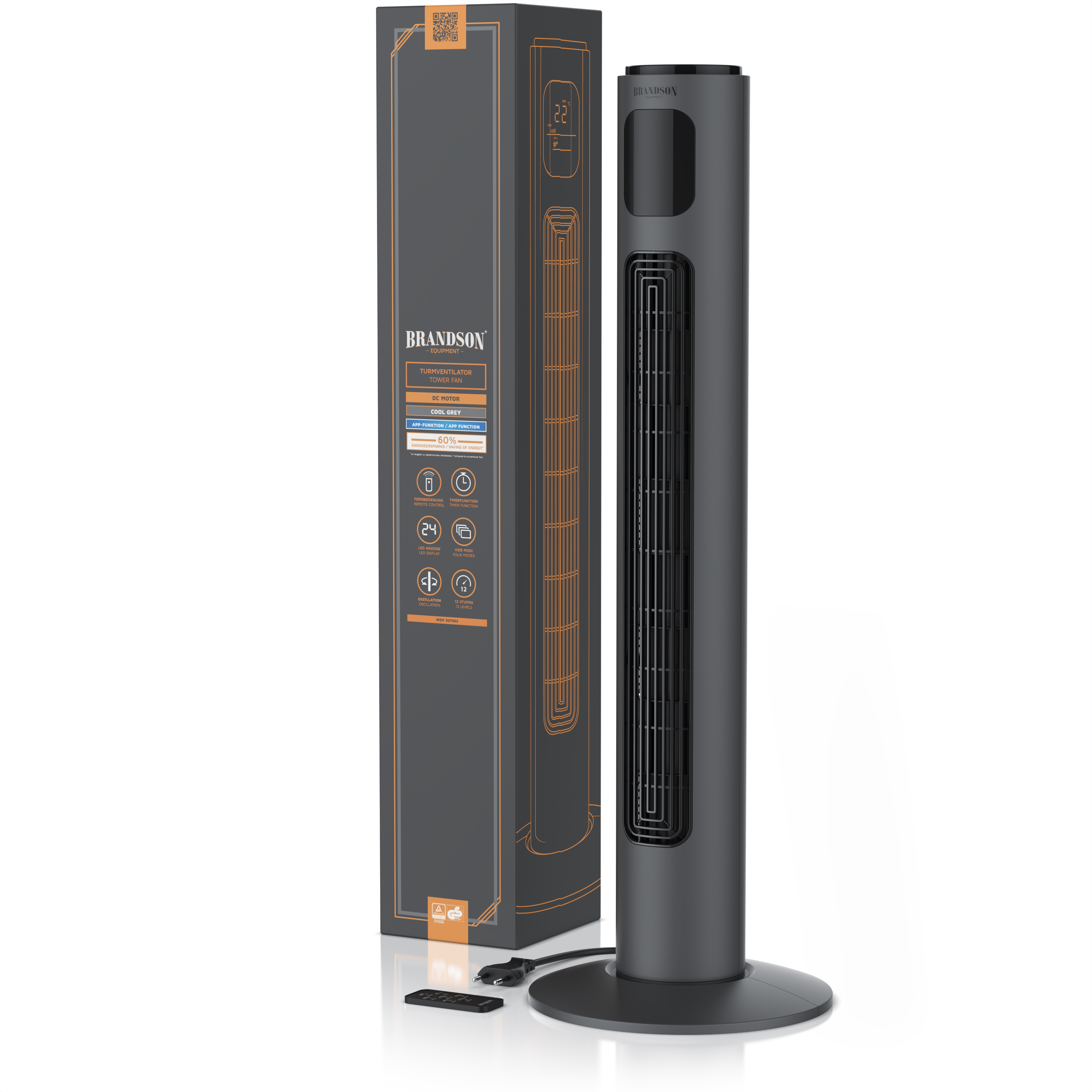Ein grauer Turmventilator und seine Schachtel sind auf weißem Hintergrund zu sehen. Die Schachtel hat orangefarbene Akzente.