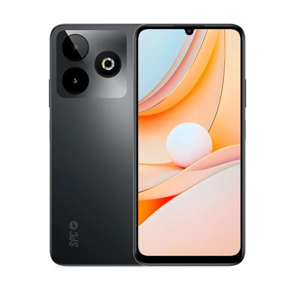 Uno smartphone con retro nero e schermo con design astratto. Dispone di tre fotocamere posteriori.