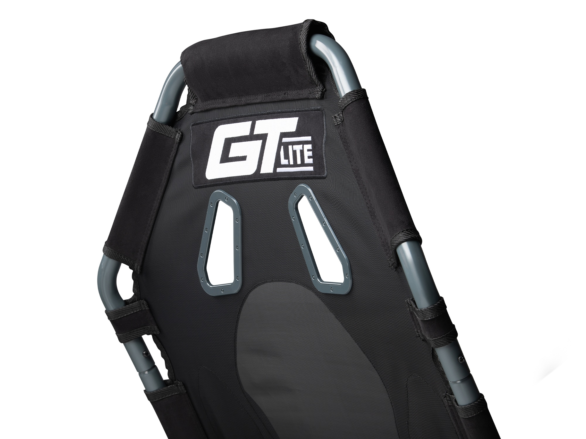 Schienale del sedile da corsa GT Lite nero con telaio in metallo grigio e logo bianco, con due aperture ovali.
