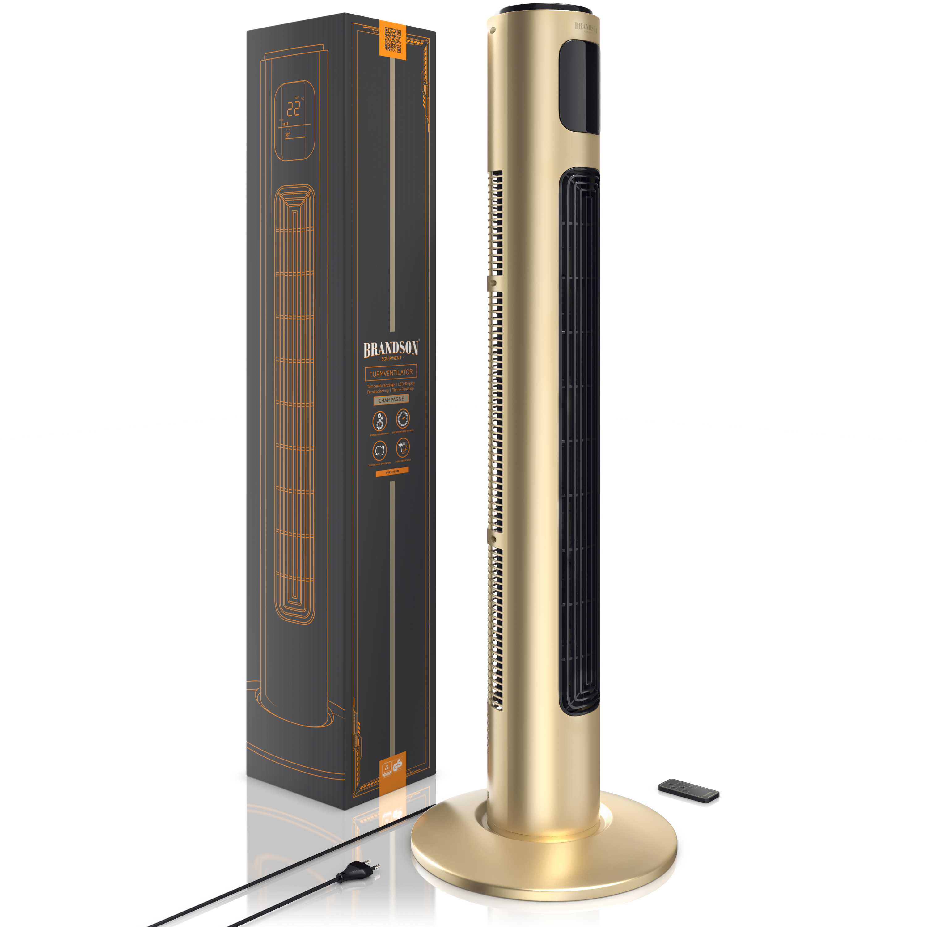 Goldener Turmventilator mit schwarzen Akzenten und Fernbedienung. Links ist eine Box mit Details.