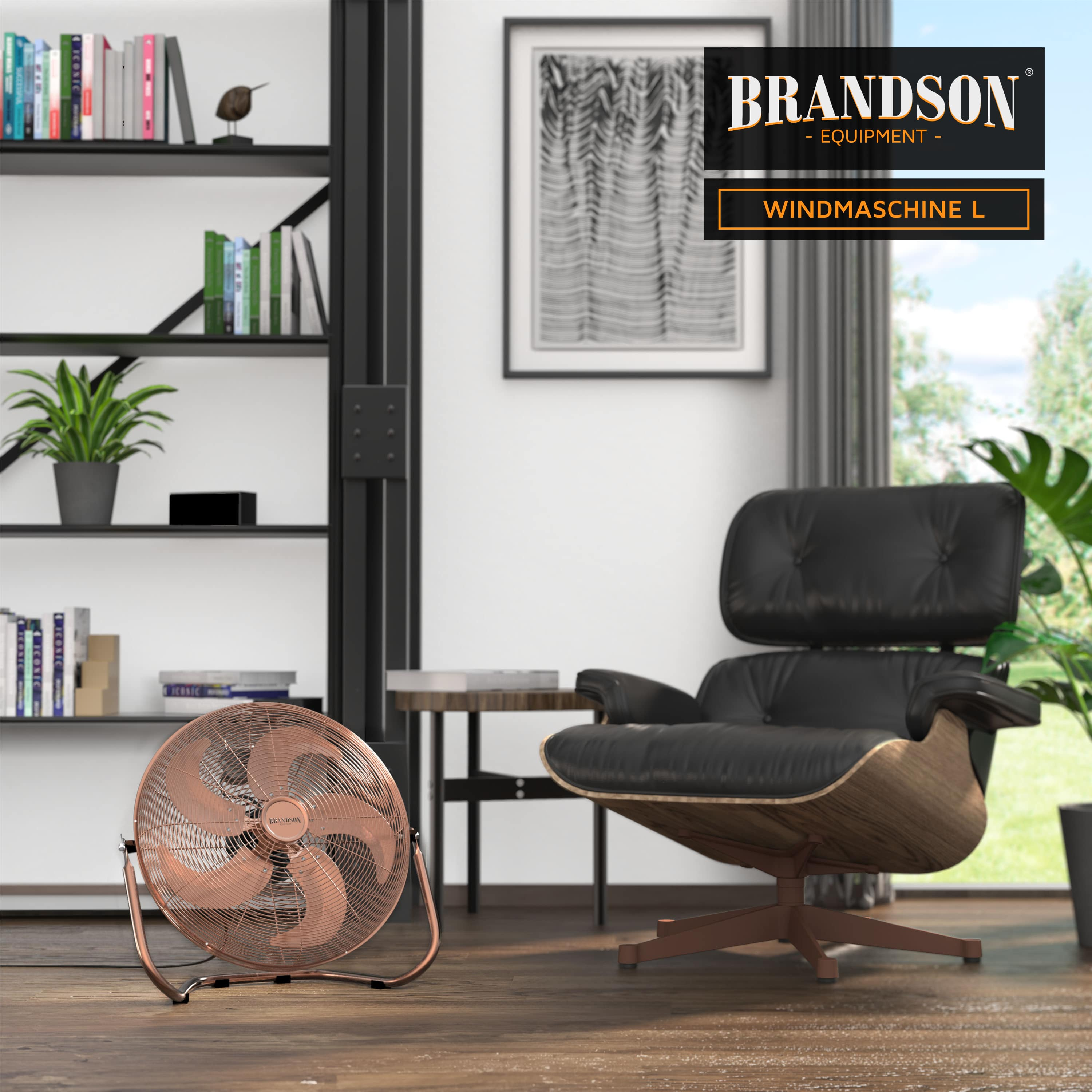 Ein roségoldener Ventilator in einem modernen Raum. Ein schwarzer Stuhl, ein Bücherregal und ein gerahmtes Bild sind im Hintergrund.