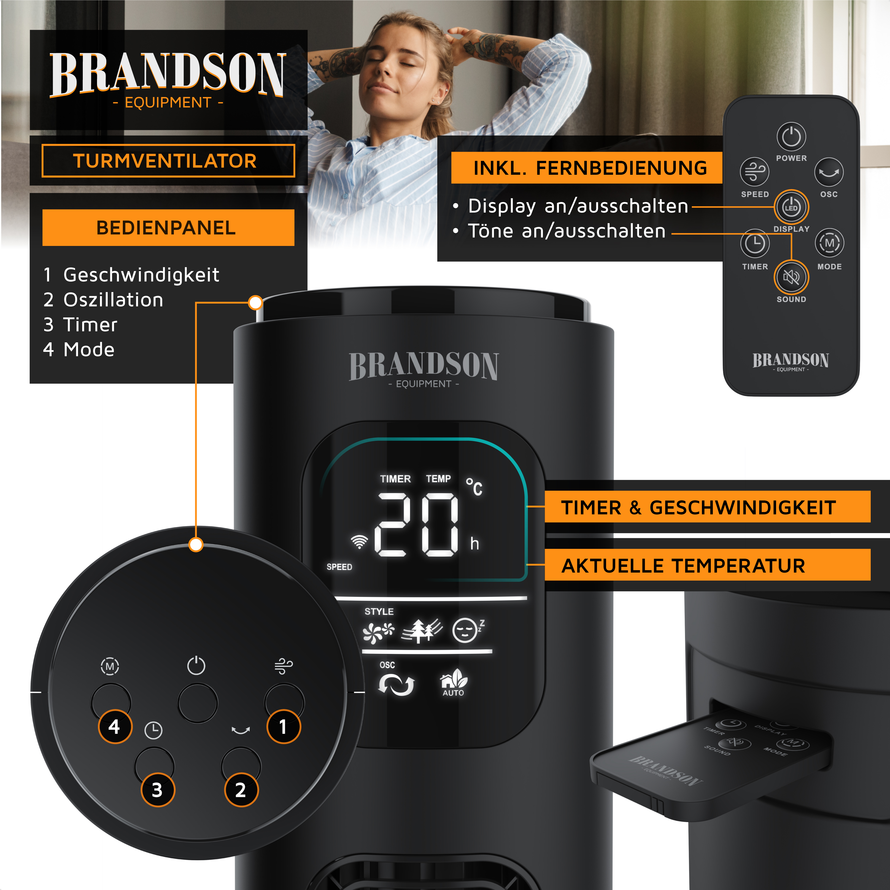 Schwarzer Brandson Turmventilator mit Fernbedienung, Bedienfeld, Frau im Hintergrund.