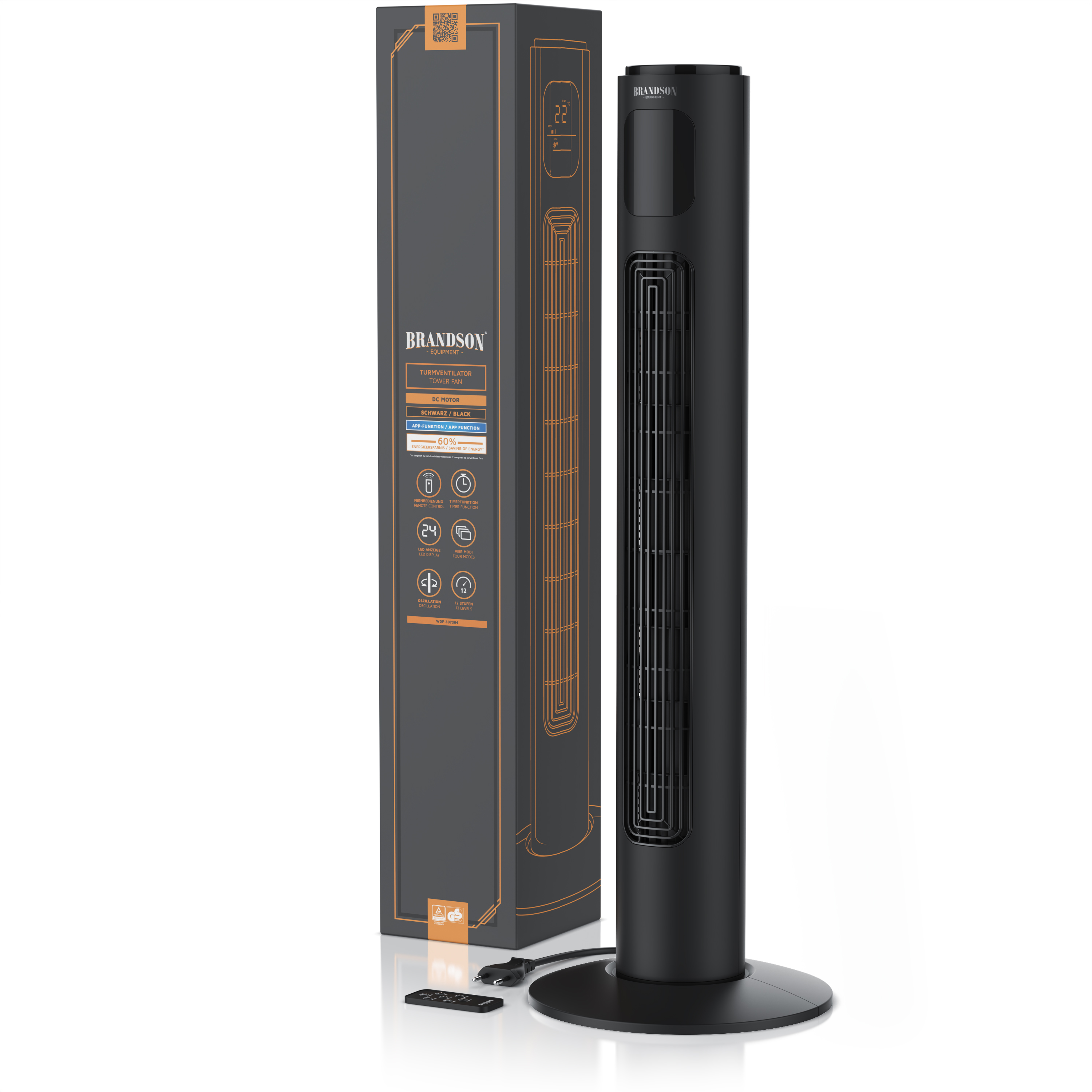 Ein schwarzer Turmventilator steht neben seiner Box, mit einer Fernbedienung davor. Die Box hat orangefarbene Akzente.