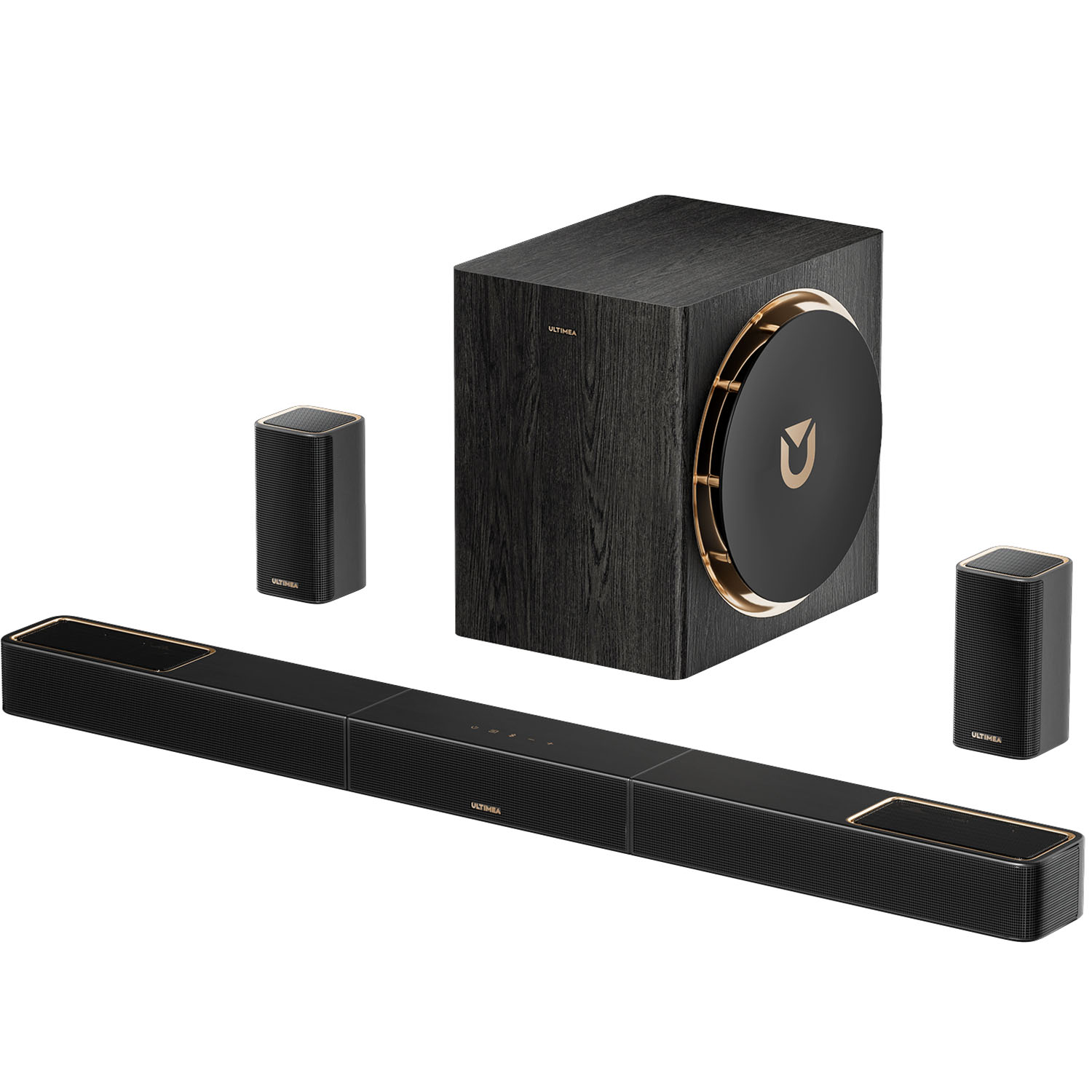 System dźwiękowy z czarnym soundbarem, subwooferem i dwoma głośnikami. Na urządzeniach są złote akcenty.