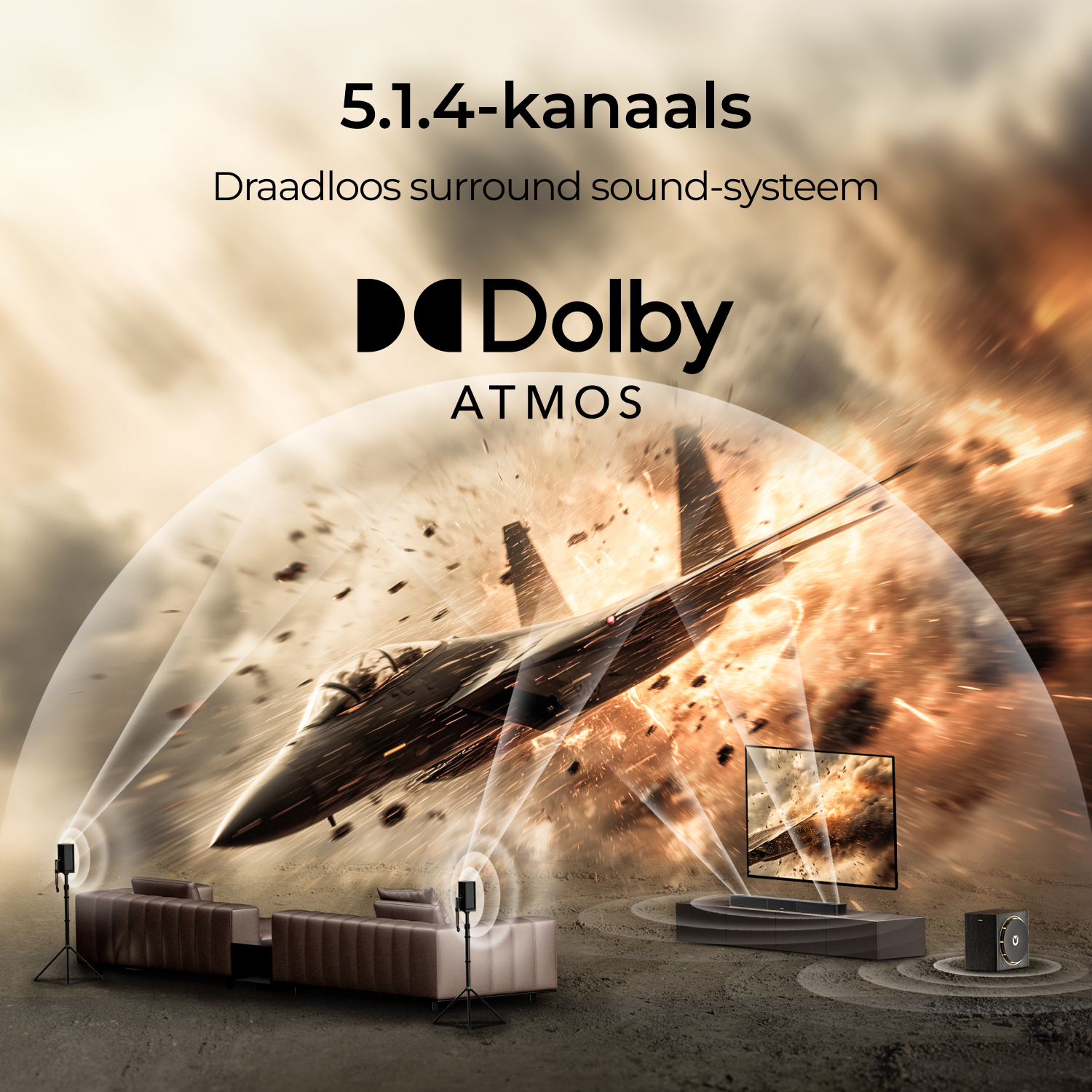 Image avec avion de chasse, système home cinéma et logo Dolby Atmos. Haut-parleurs, TV et caisson de basse sont aussi présents.