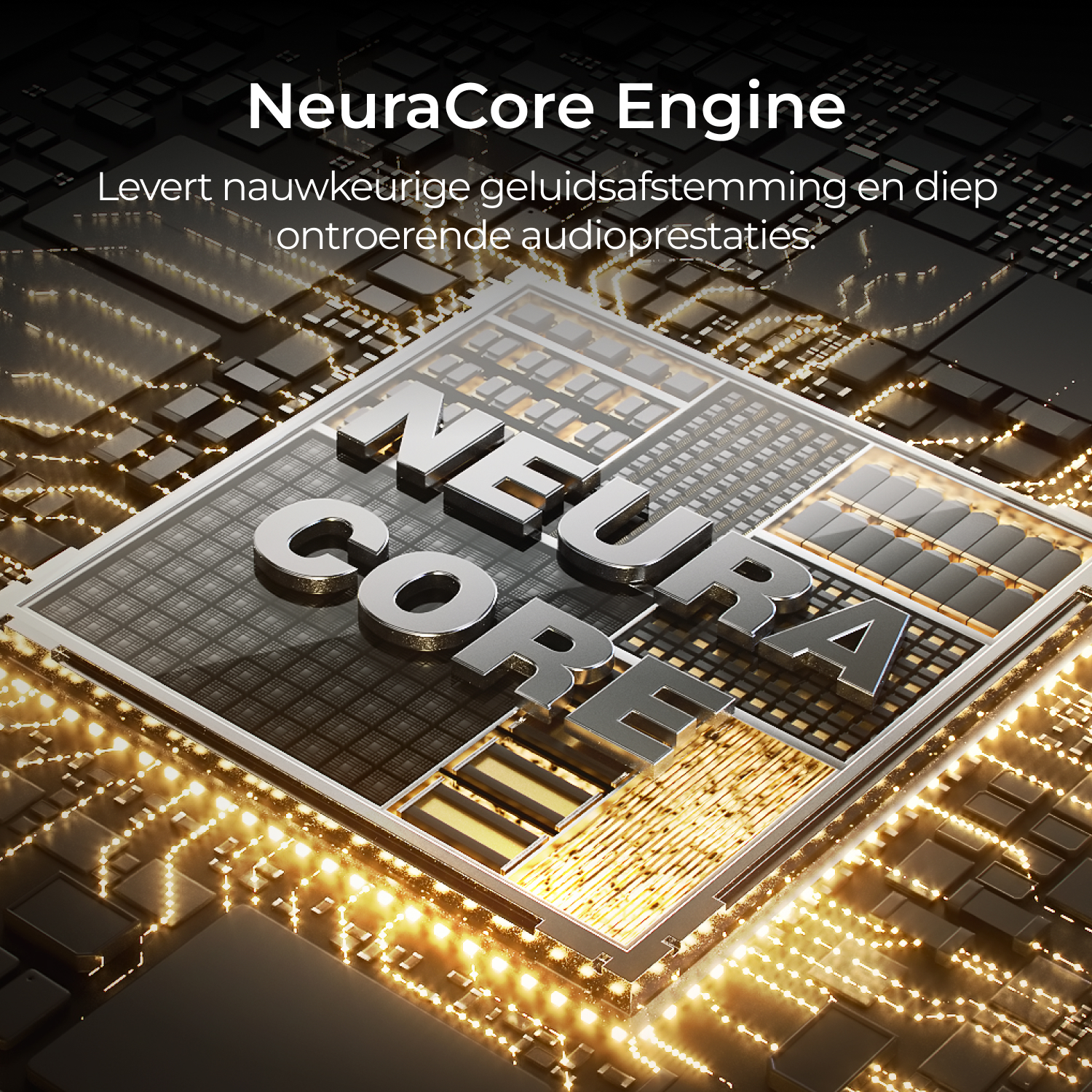 Gros plan sur une puce d'ordinateur avec 'NeuraCore Engine'. La puce a une finition métallique avec des accents dorés.