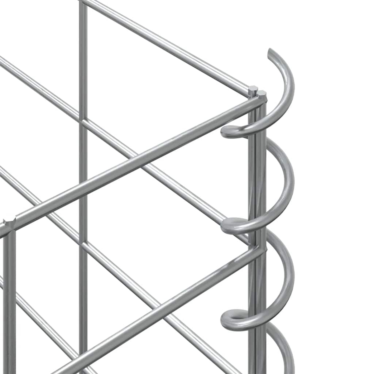 Nahaufnahme einer silbernen Metallstruktur. Es scheint ein käfigartiges Design mit gebogenen Spiralelementen auf einer Seite zu sein.