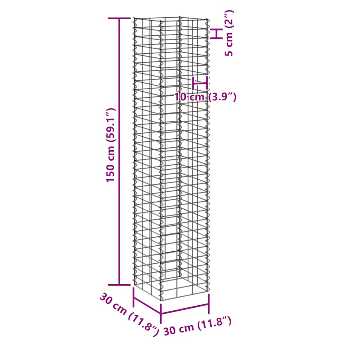 Ein rechteckiger Metallgitterkäfig, mit Abmessungen: 150 cm hoch, 30x30 cm Grundfläche. Detaillierte Maße für andere Teile sind ebenfalls sichtbar.
