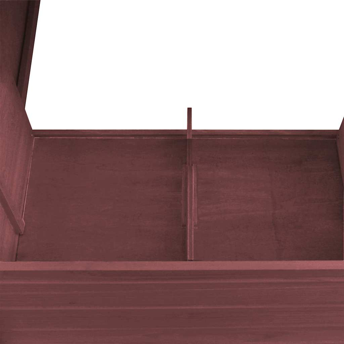 Nahaufnahme einer Holzkonstruktion in Kastanienbraun. Es hat eine vertikale Mittelteilung und einen weißen Hintergrund.
