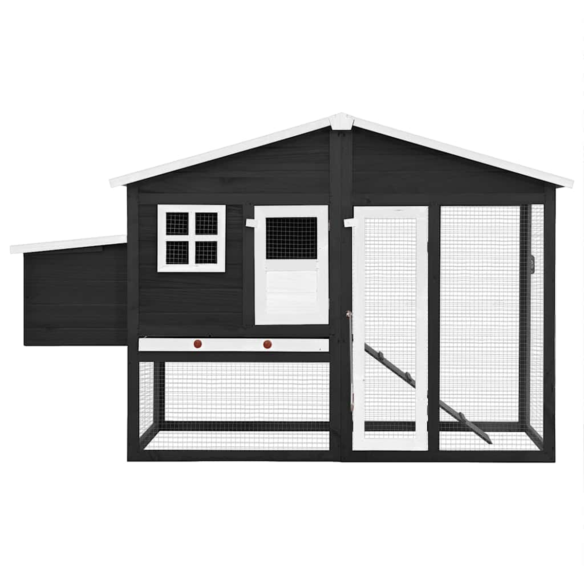 Ein schwarzer Hühnerstall aus Holz mit weißen Verzierungen. Er hat ein kleines Fenster und eine Tür, beide mit Drahtgeflecht. Eine Rampe führt ins Innere.