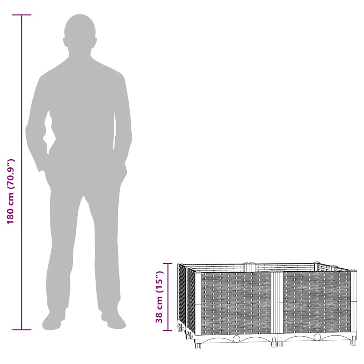 Eine Silhouette einer Person steht neben einem rechteckigen Holzbehälter. Abmessungen: 180 cm Höhe und 38 cm Breite.