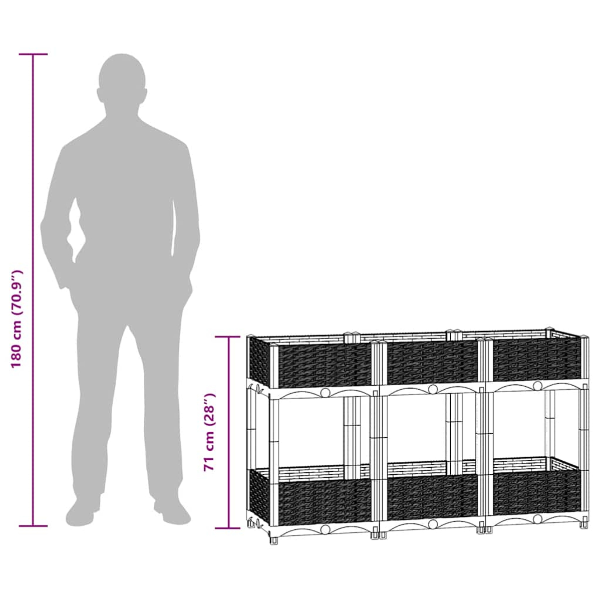 Eine Silhouette einer Person steht neben einem zweistöckigen, schwarzen, gewebten Korb-Aufbewahrungseinheit, mit Höhenangaben in cm und Zoll.