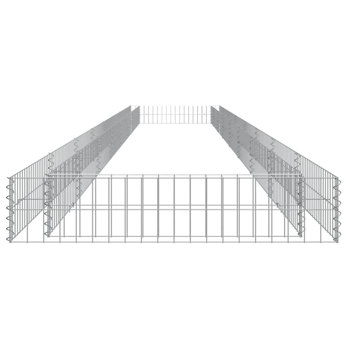 Eine Metallgabionenstruktur, bestehend aus vertikalen und horizontalen Drähten, die eine rechteckige Form bilden. Der Hintergrund ist weiß.